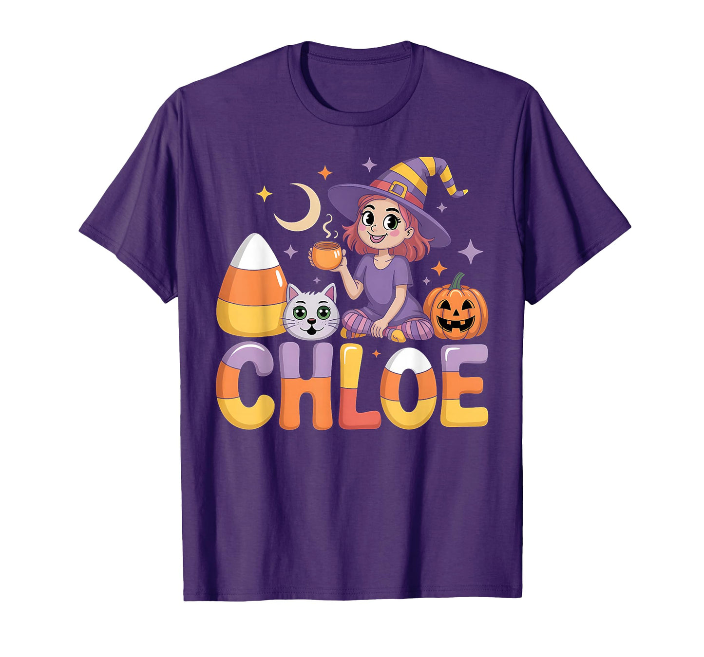 Chloe Witch Candy Corn Cat Halloween Women and Girls T-Shirt
