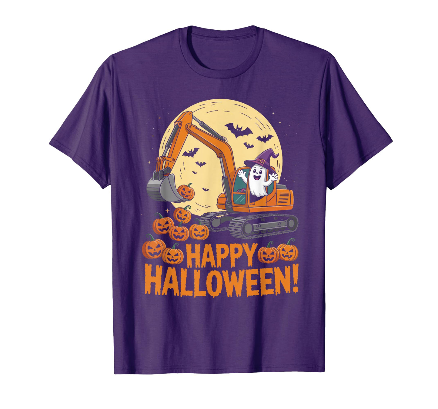 Happy Halloween Ghost Pumpkins and Excavator Construction T-Shirt