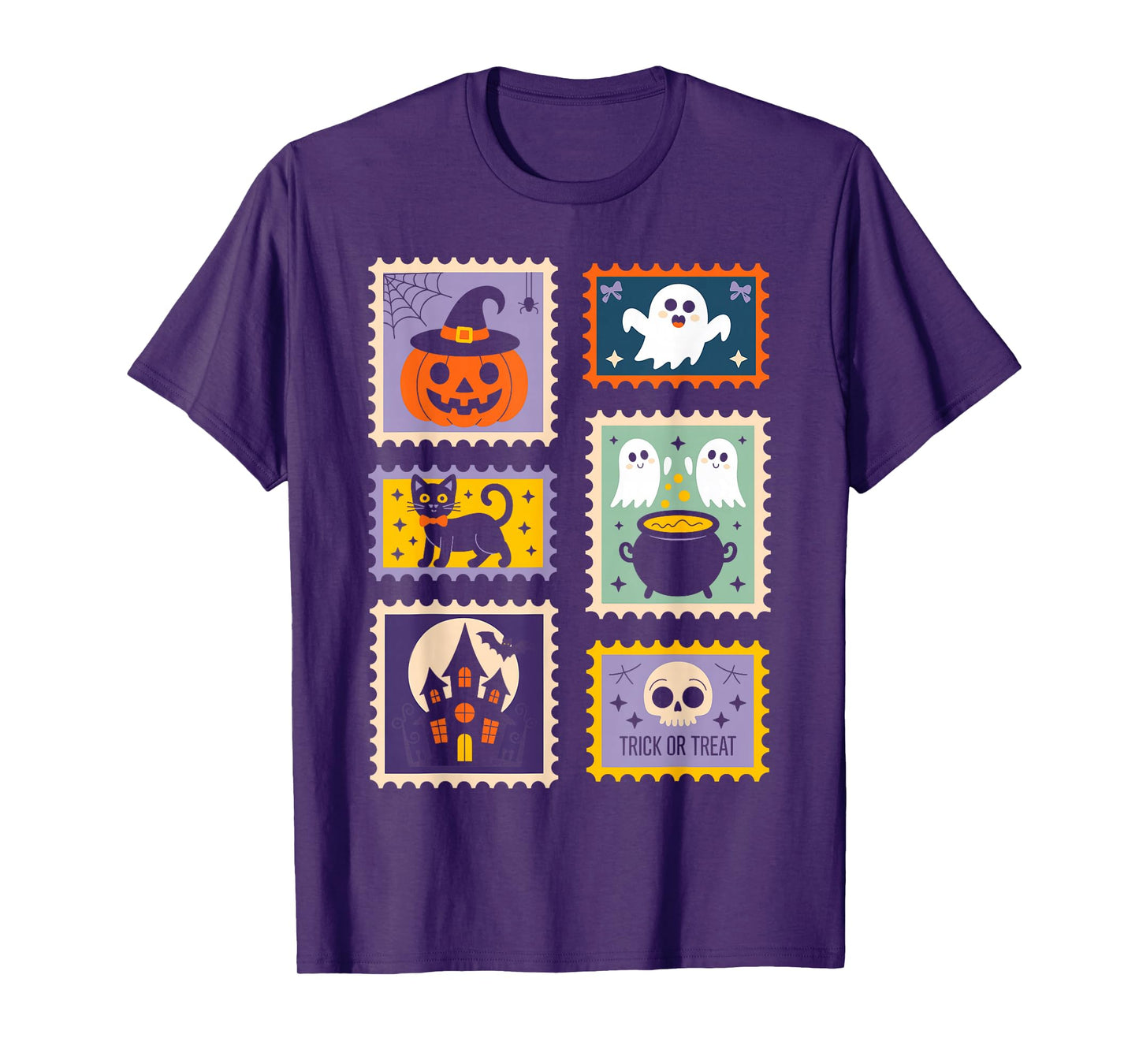 Halloween Stamps Spooky Pumpkin Ghost Cat Witch Skeleton T-Shirt