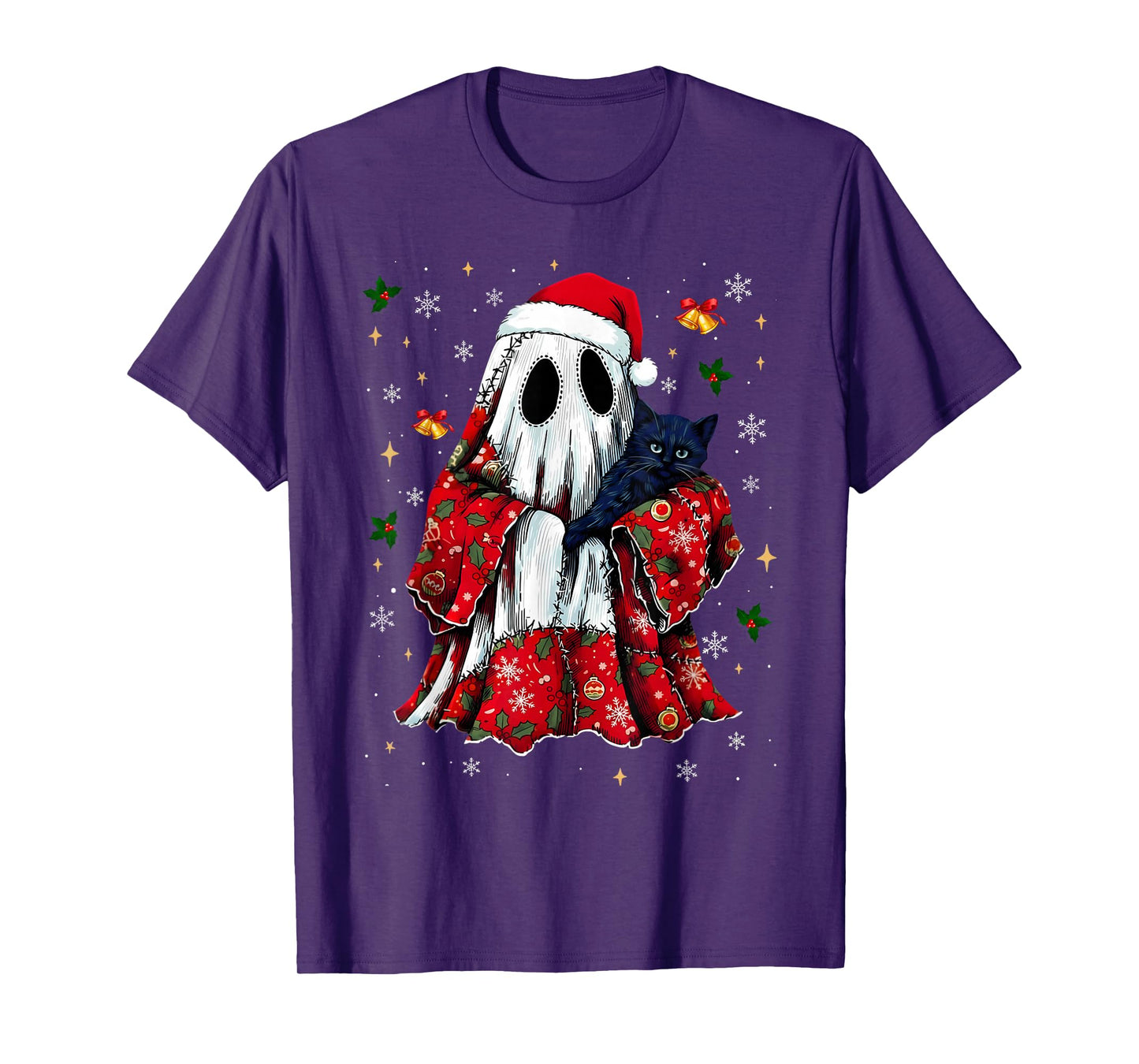 Vintage Christmas Ghost Holding Black Cat Groovy Floral T-Shirt