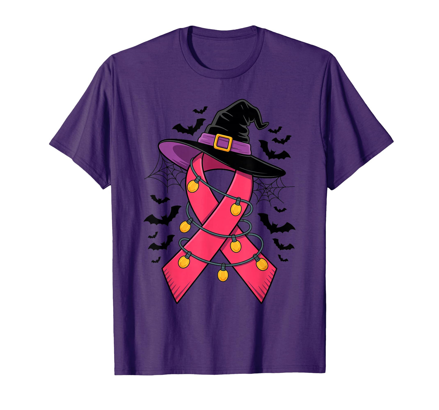 Womens Pink Ribbon Witch Hat Halloween Breast Cancer Warrior T-Shirt