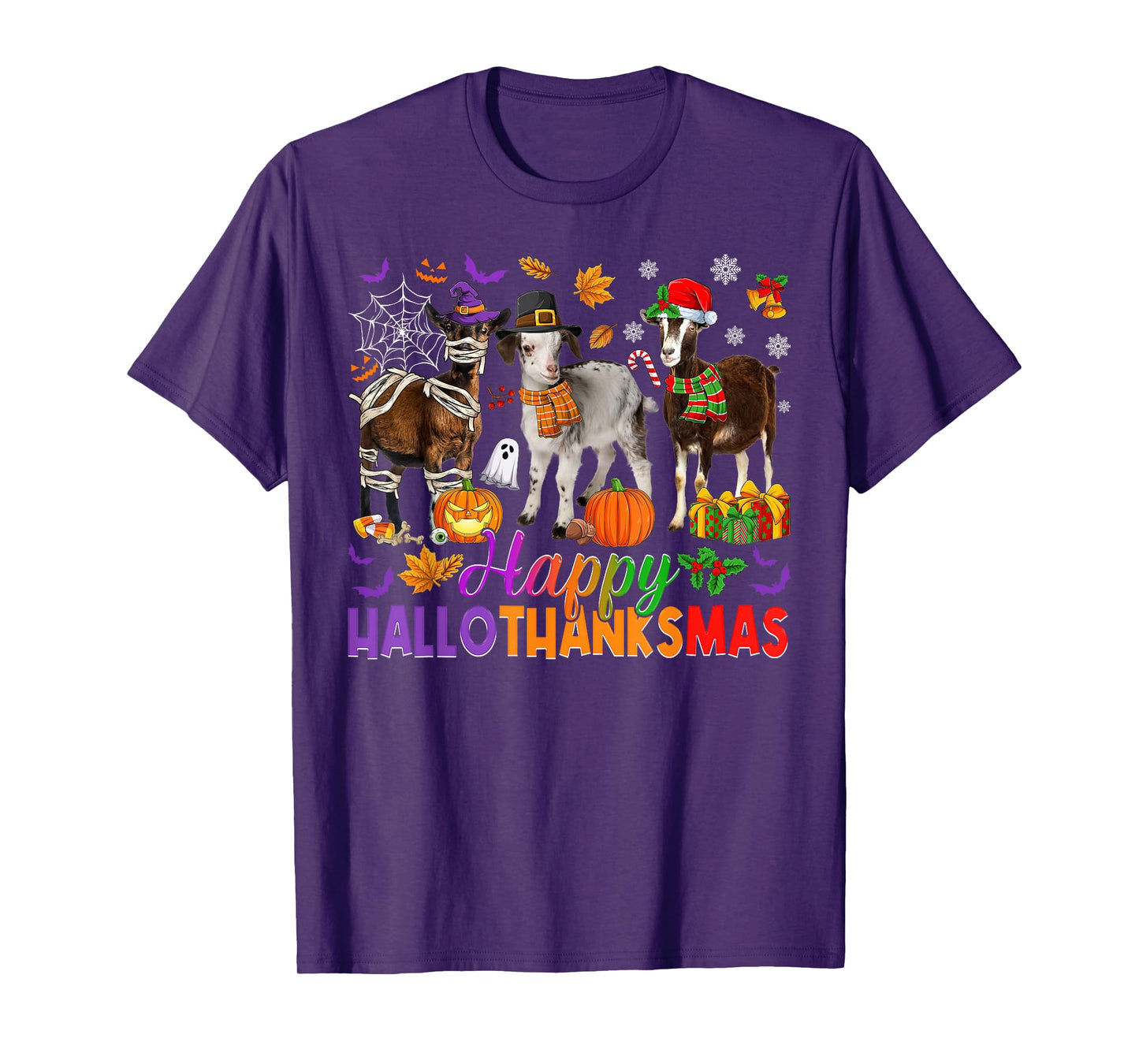 Happy Hallothanksmas Halloween Thanksgiving Christmas Goats T-Shirt