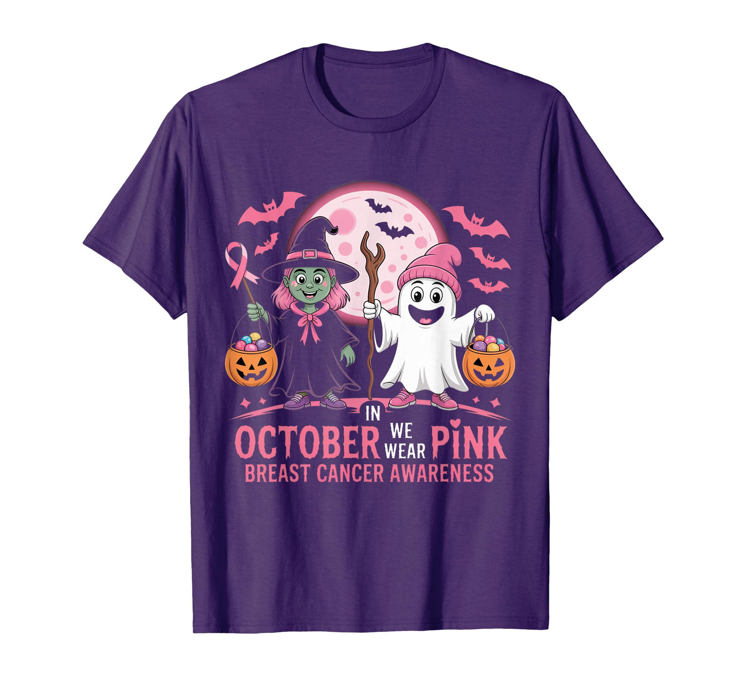 in October We Wear Pink Ghost Witch Breast Cancer Awareness T-Shirt