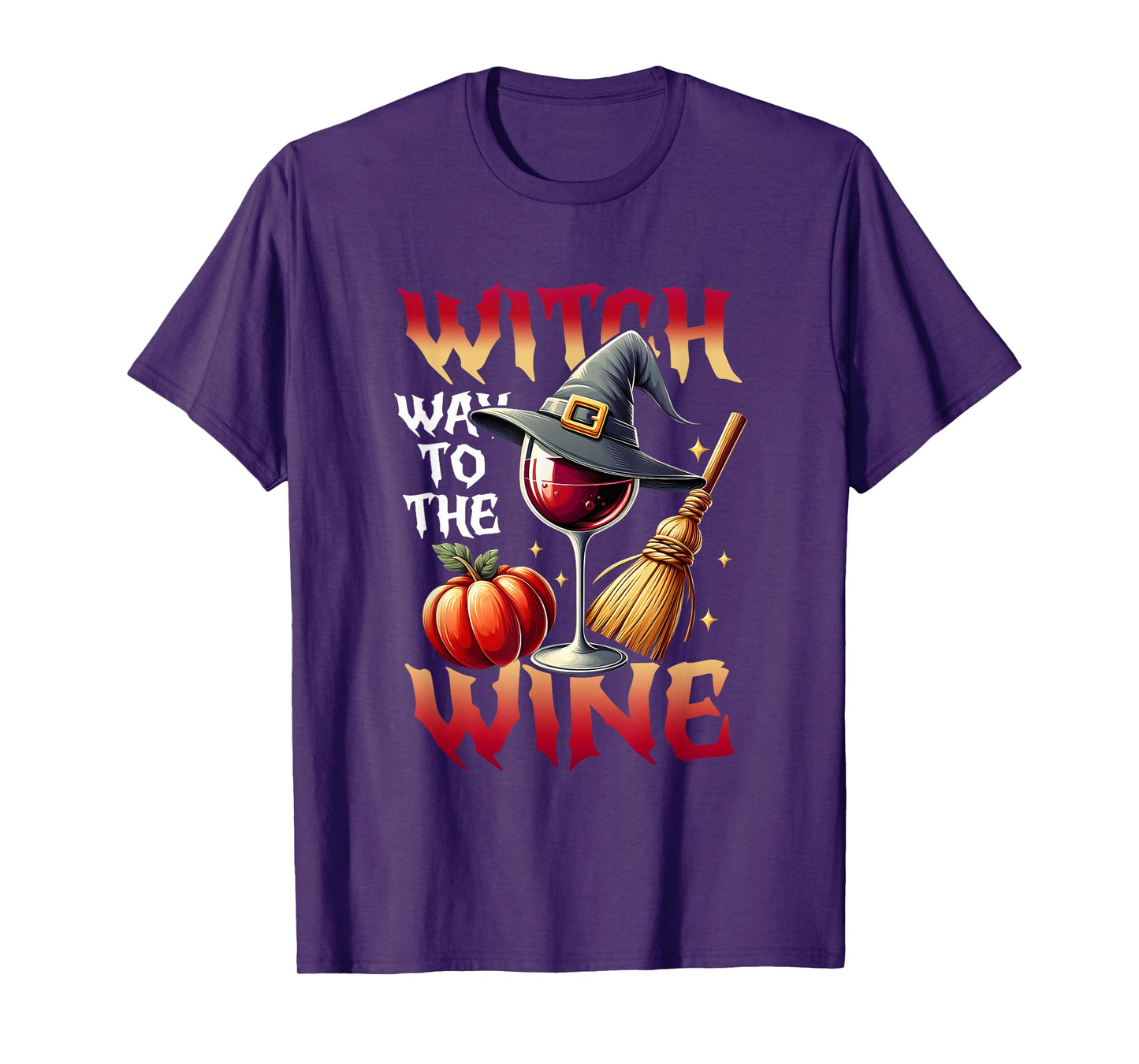 Witch WayTo The Wine Broom Hat Pumpkin and Halloween Glass T-Shirt