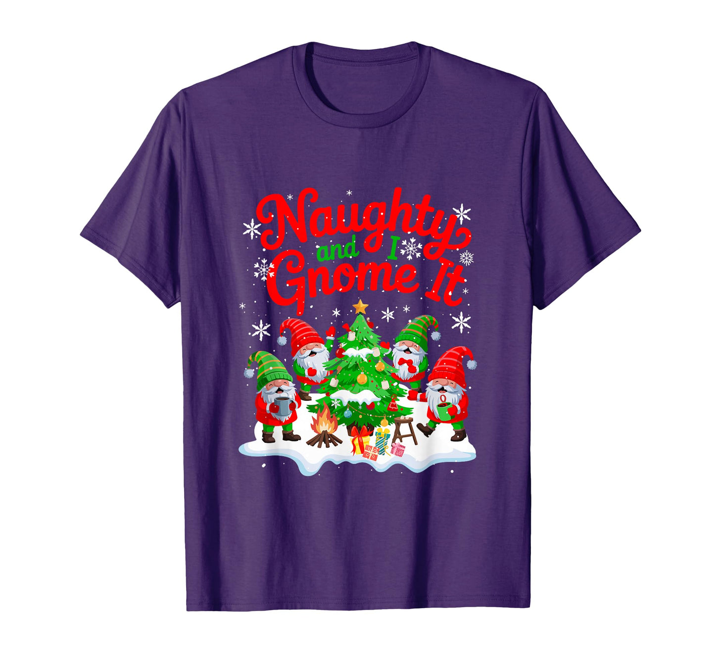 Naughty and I Gnome It Group Gnomes Decorating Xmas Tree T-Shirt