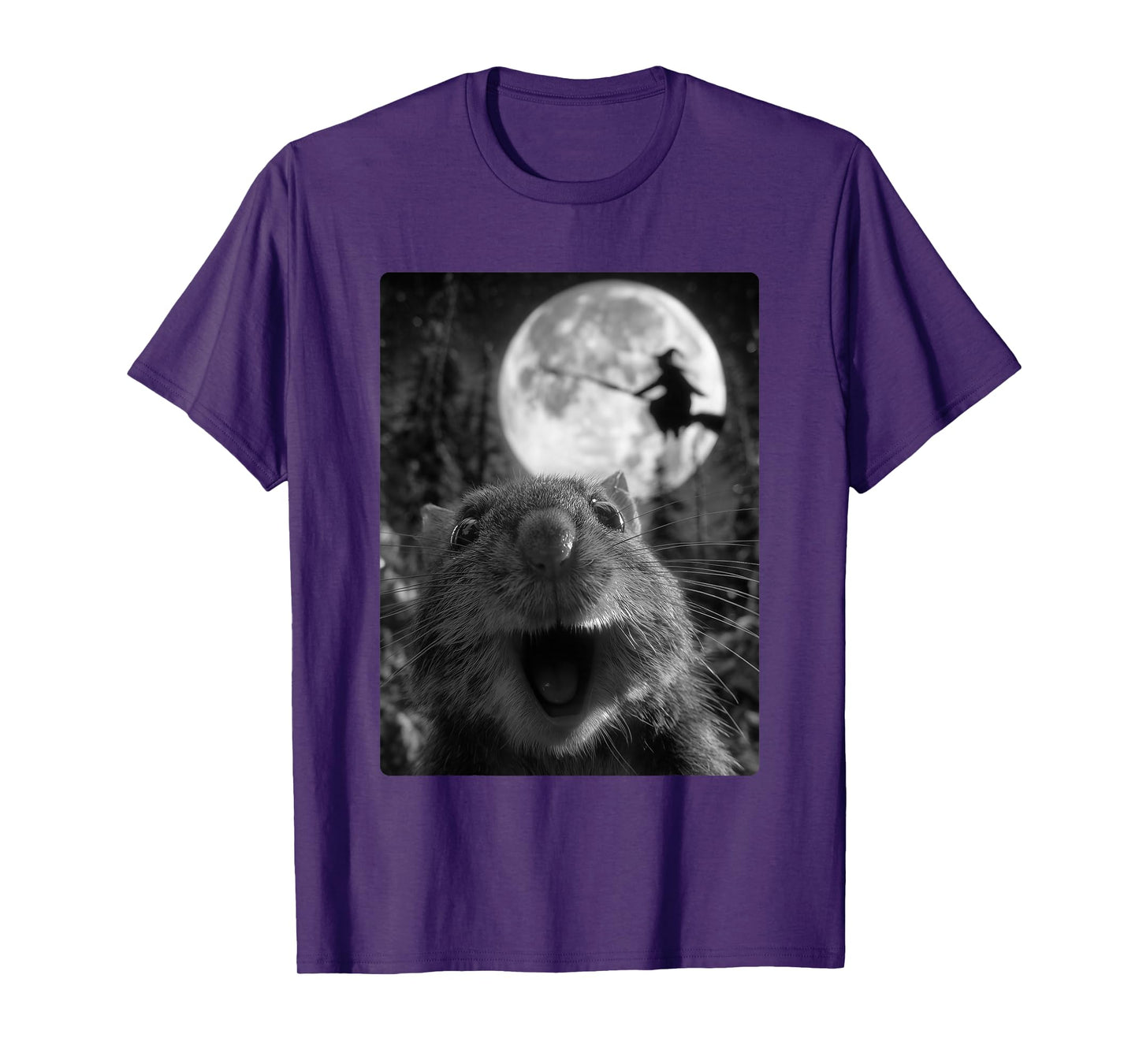 Funny Hamster Selfie Full Moon Flying Witch Forest Halloween T-Shirt