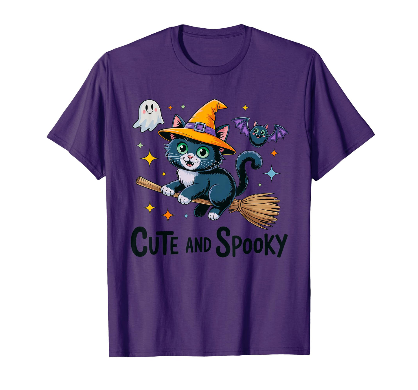Halloween Cute Cat Flying On Broom with Ghost Stars T-Shirt