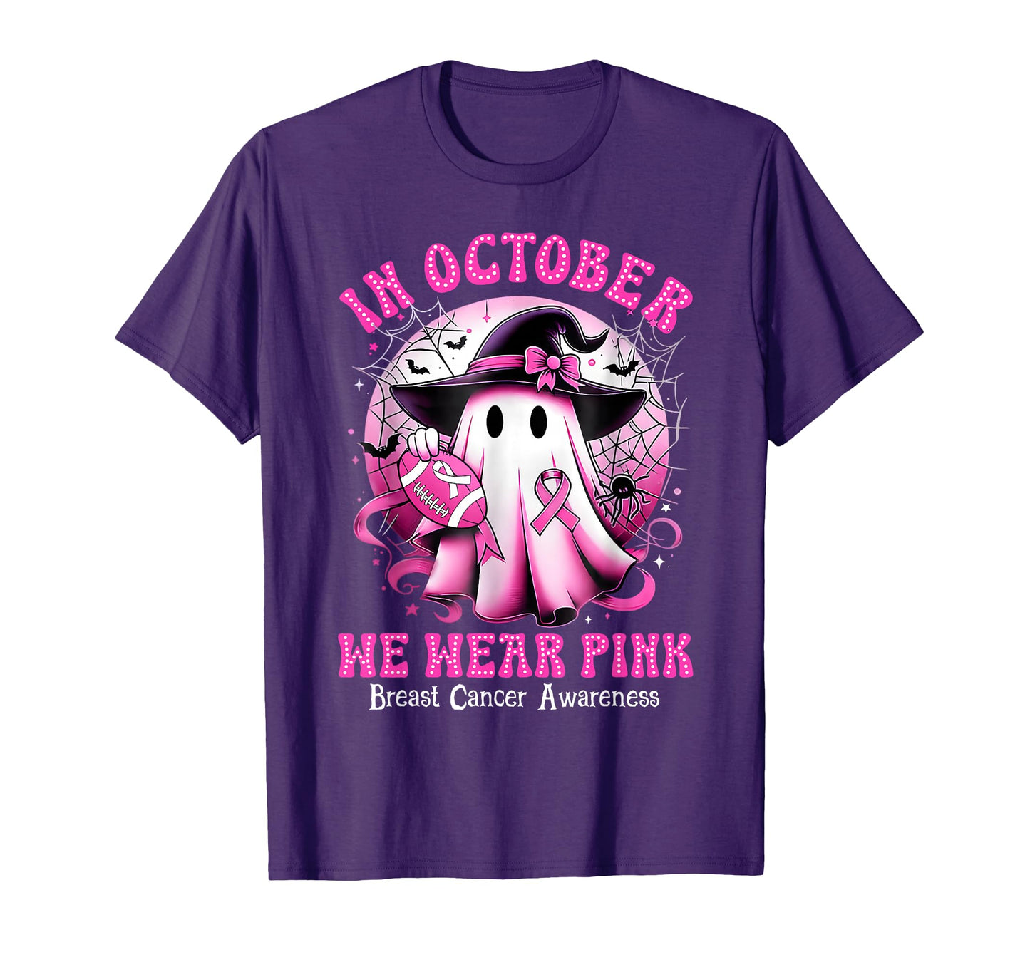 in October We Wear Pink Witch Ghost Breast Cancer Awareness T-Shirt