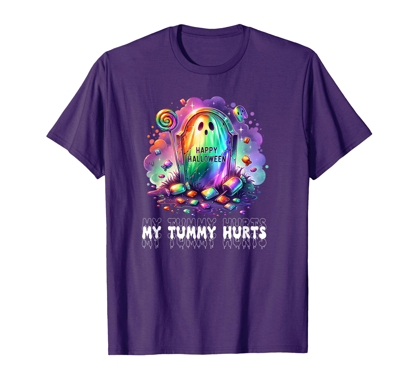 Funny My Tummy Hurts Rainbow Ghost Happy Halloween Candy T-Shirt