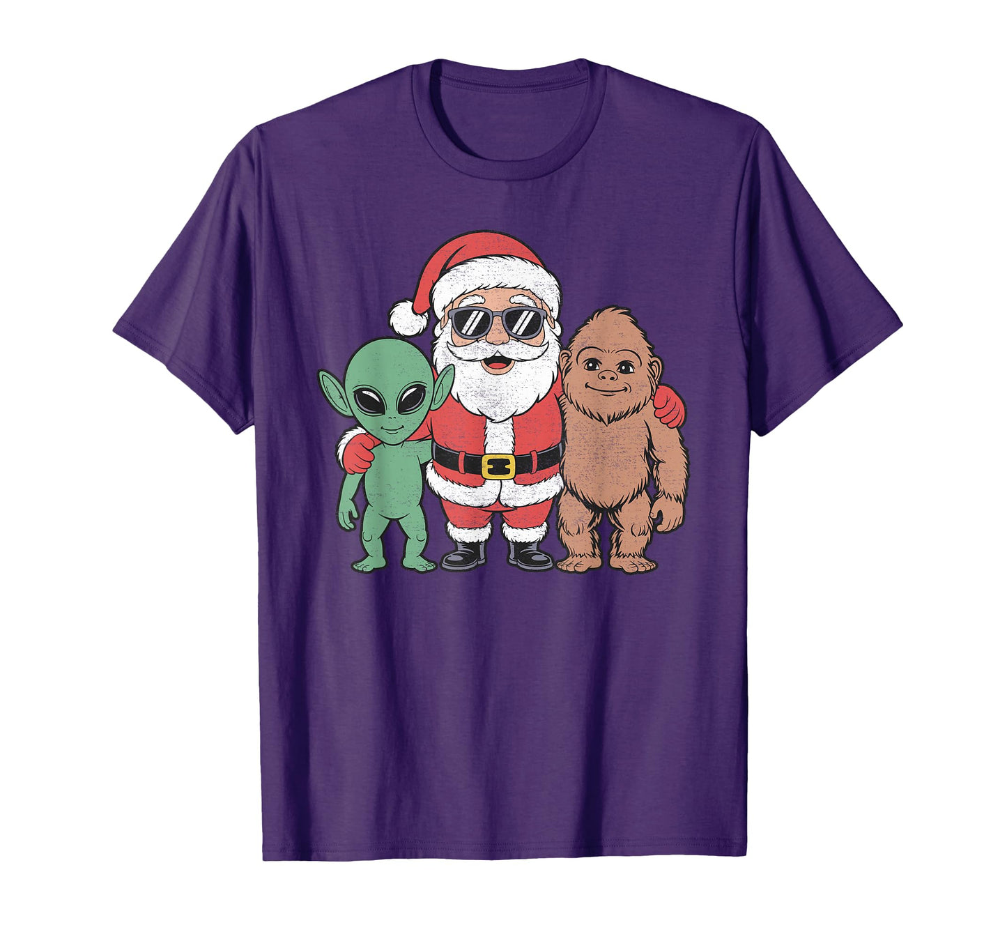 Santa Bigfoot Alien Christmas Distressed T-Shirt