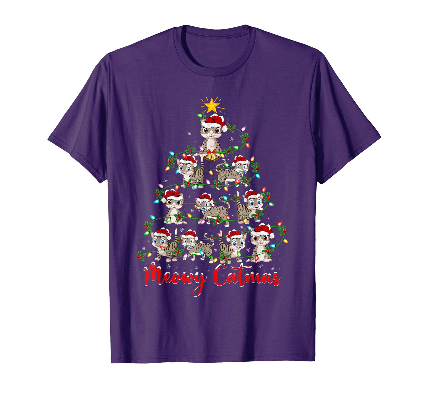 Cat Christmas Tree Lights Meowy Catmas Xmas Boys Girls Kids T-Shirt