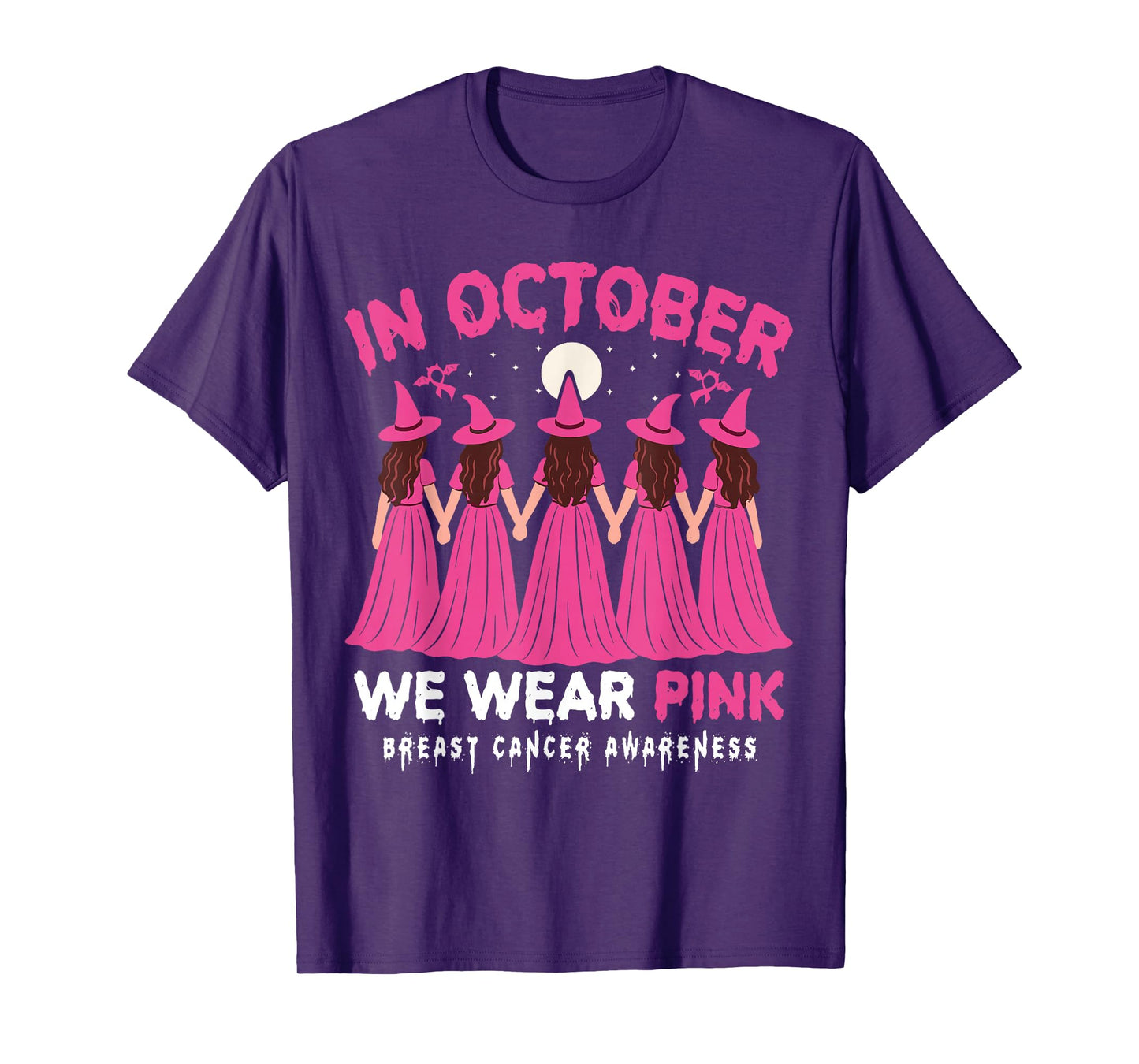 in October We Wear Pink Halloween Witch Breast Cancer Women T-Shirt