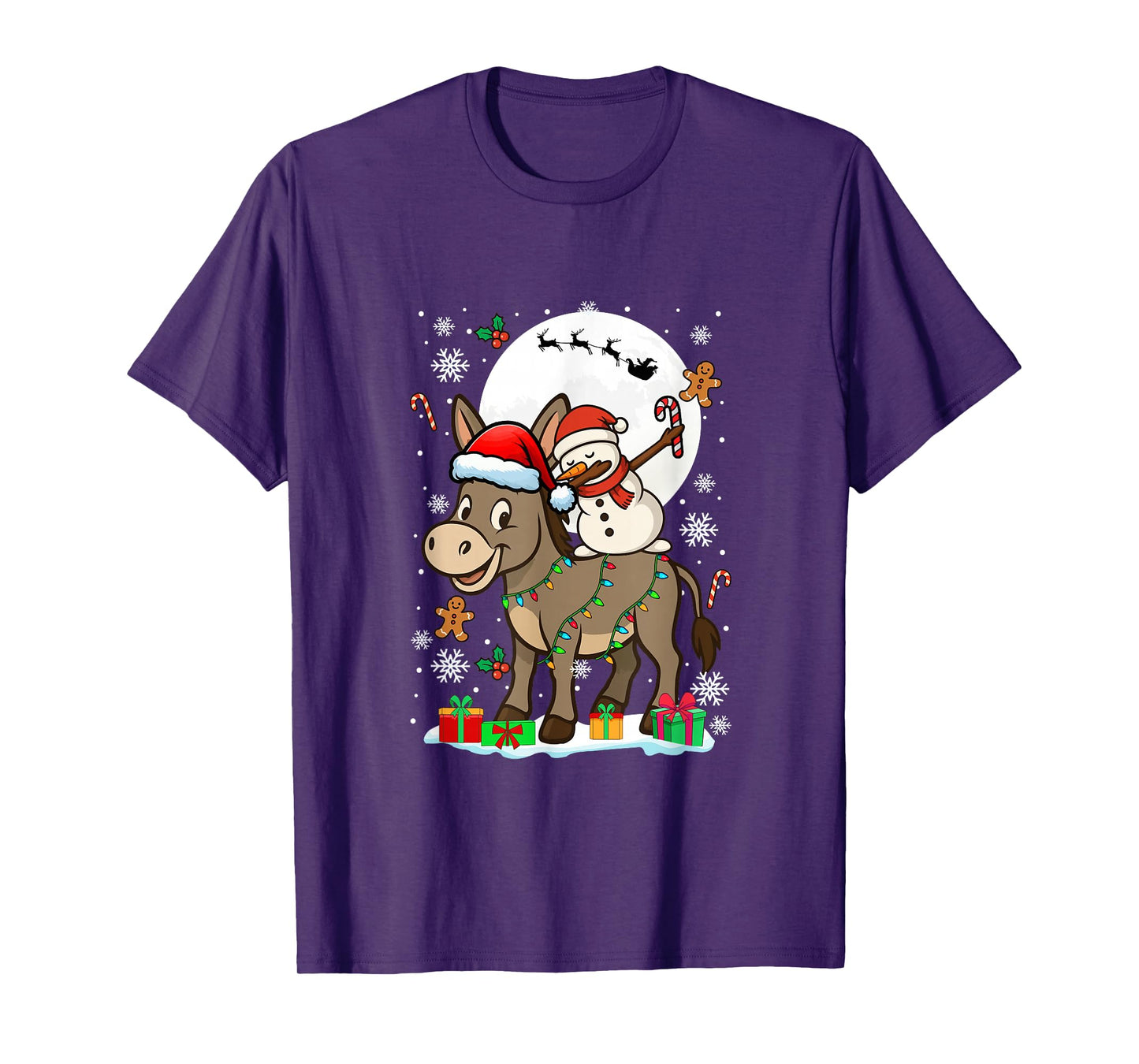 Dabbing Snowman On Donkey Christmas Santa Colorful Lights T-Shirt