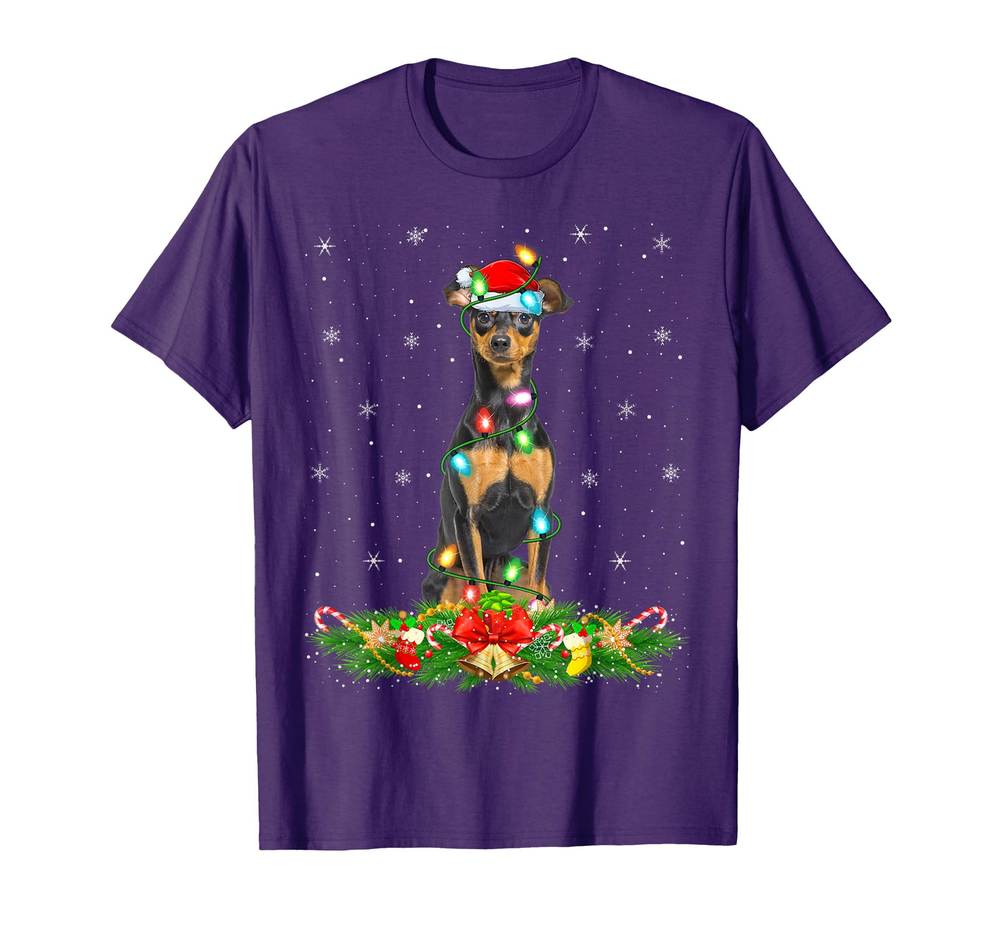 Miniature Pinscher Dog Christmas Lights Funny Santa Hat Xmas T-Shirt