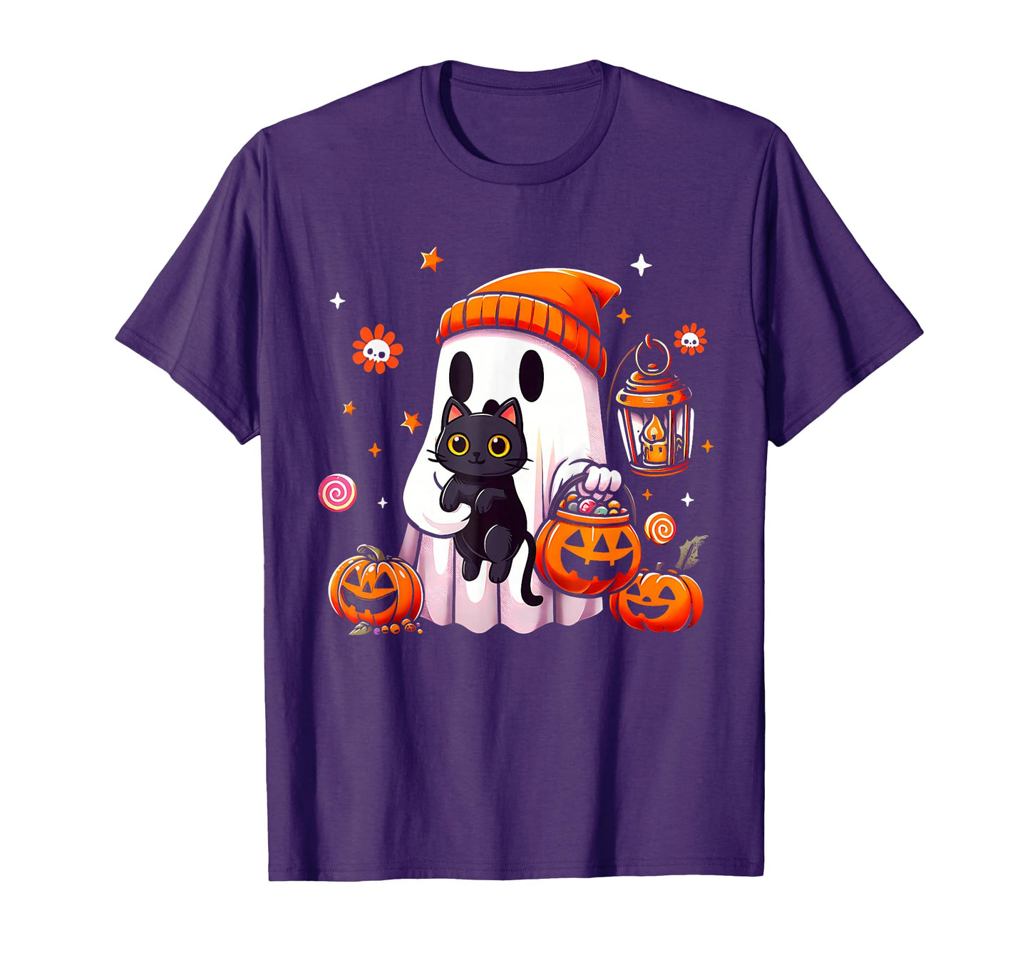 Ghost Holding Black Cat Funny Halloween Cat Lovers Women T-Shirt