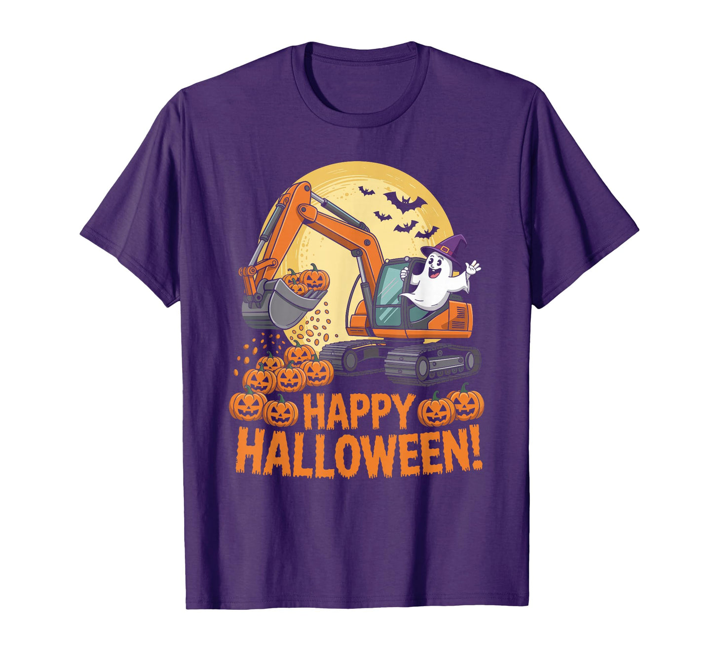Happy Halloween Ghost Pumpkins and Excavator Construction T-Shirt