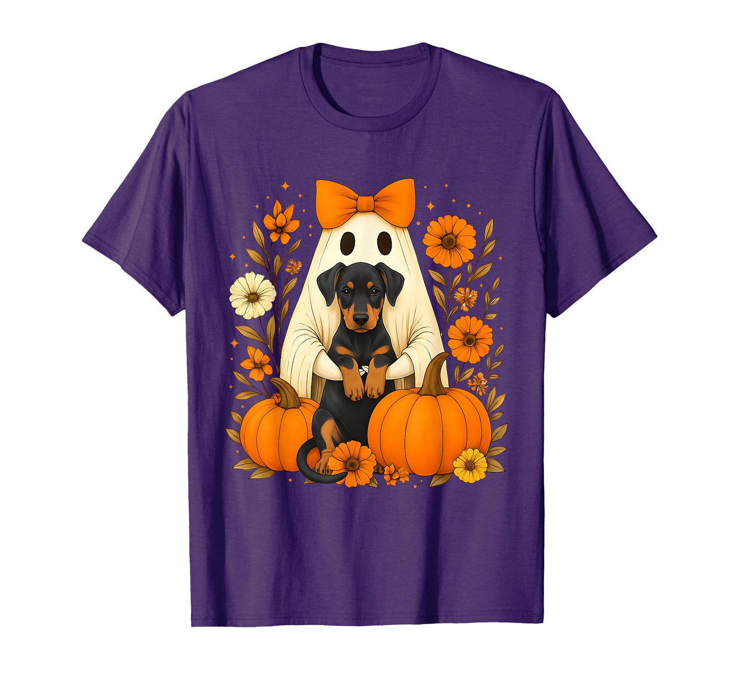 Vintage Halloween Ghost Holding Doberman Pinscher Dog T-Shirt