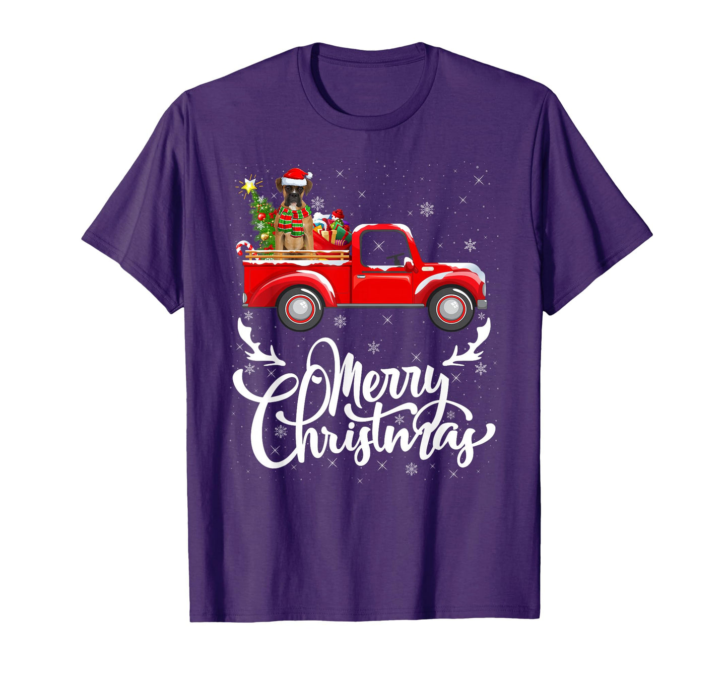 Boxer Dog On Christmas Red Truck Funny Pet Dog Lover Xmas T-Shirt
