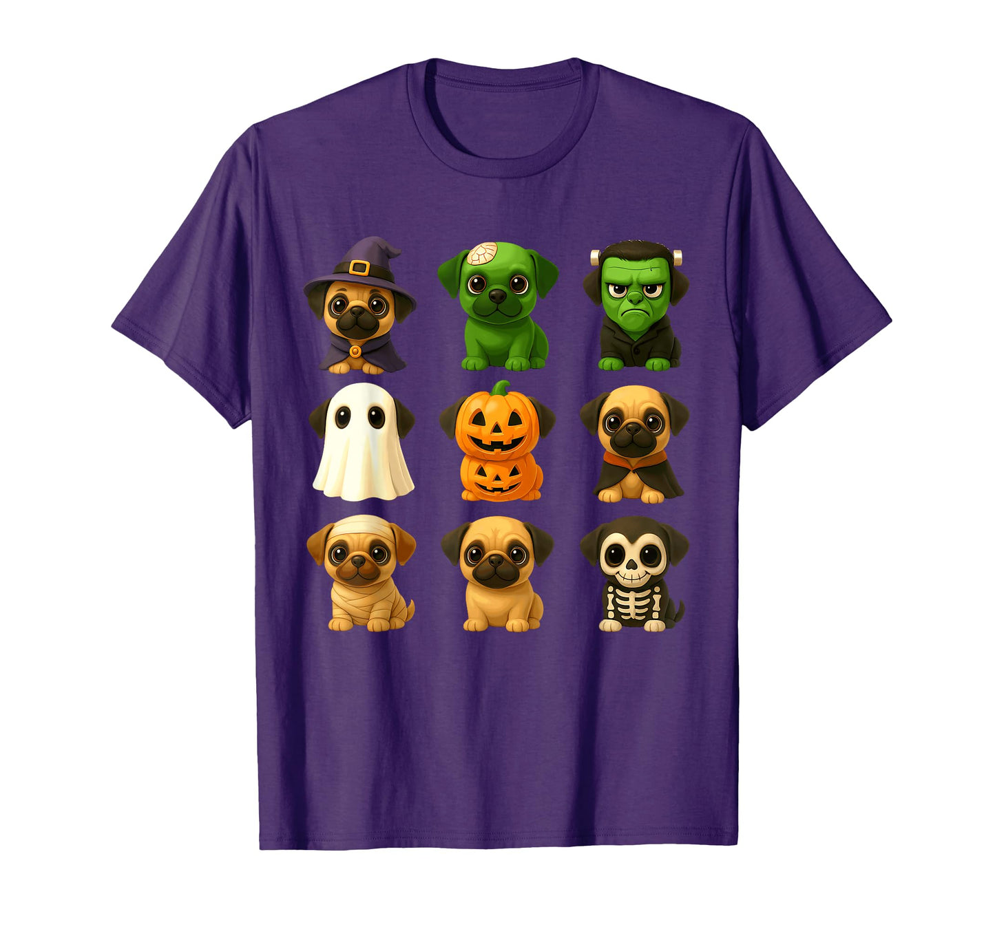 Cute Pug Dogs Witch Pumpkin Skeleton Costume Happy Halloween T-Shirt
