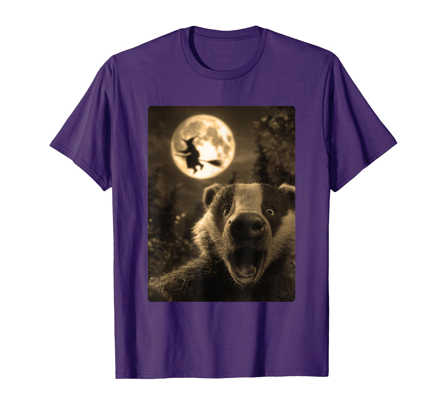Funny Badger Selfie Full Moon Flying Witch Forest Halloween T-Shirt