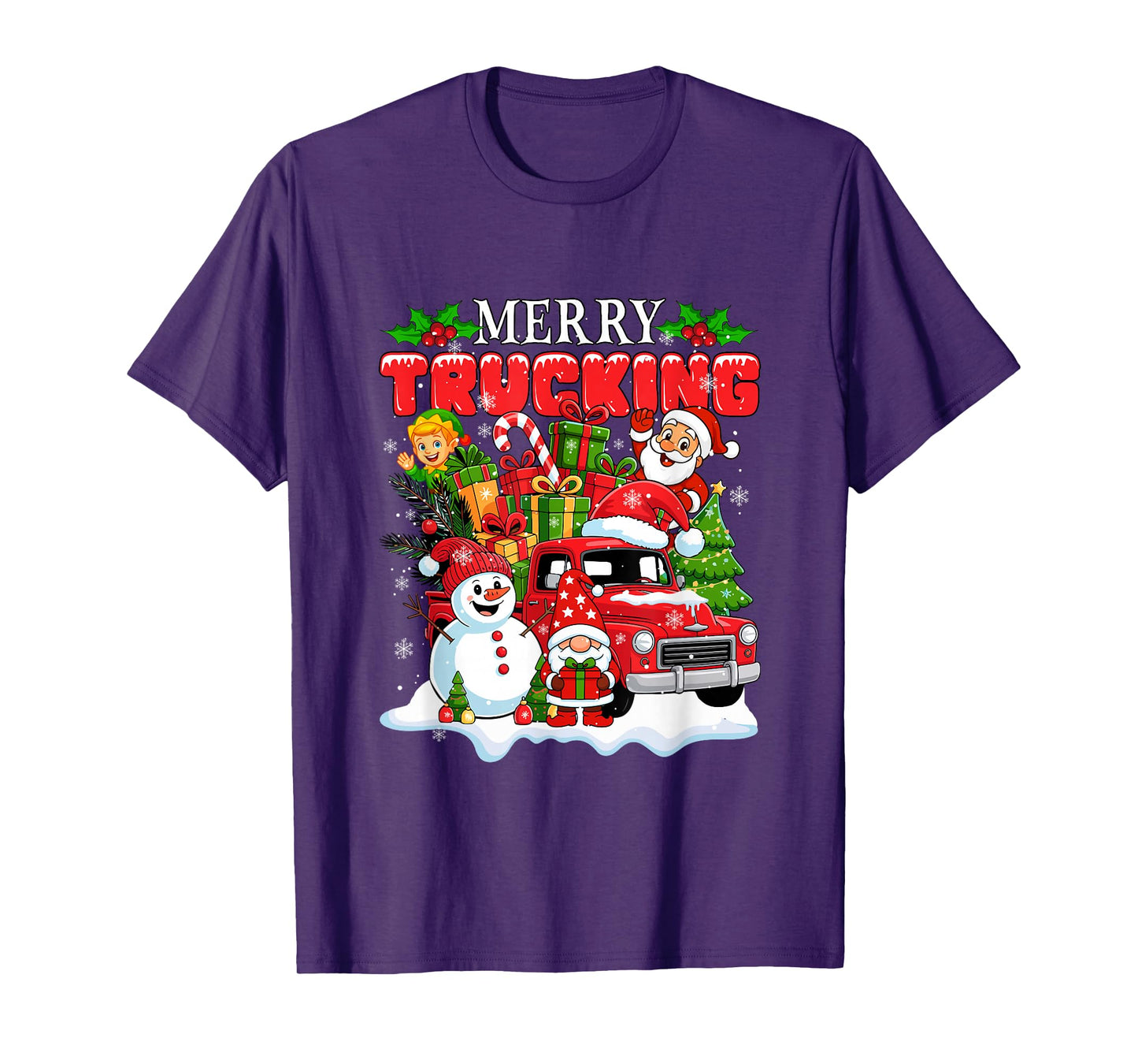 Merry Christmas Trucking Santa Gnome Elf On Truck Snowman T-Shirt