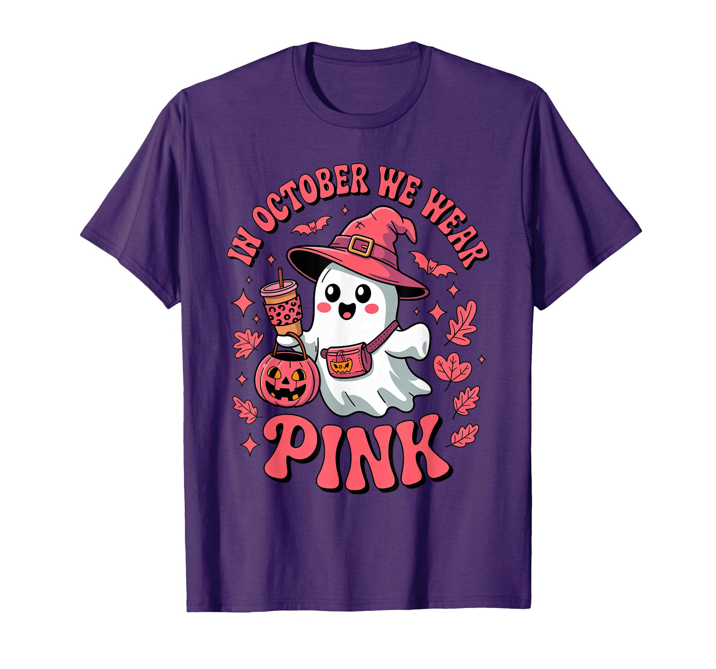 Cute Ghost with Coffee in October We Wear Pink Breast Cancer T-Shirt