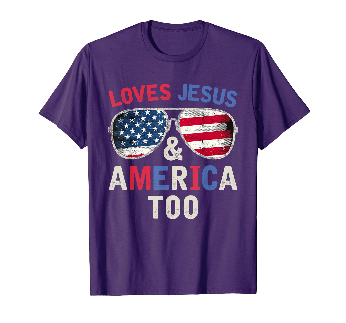 Loves Jesus and America Too God Christian Groovy 4th of July T-Shirt