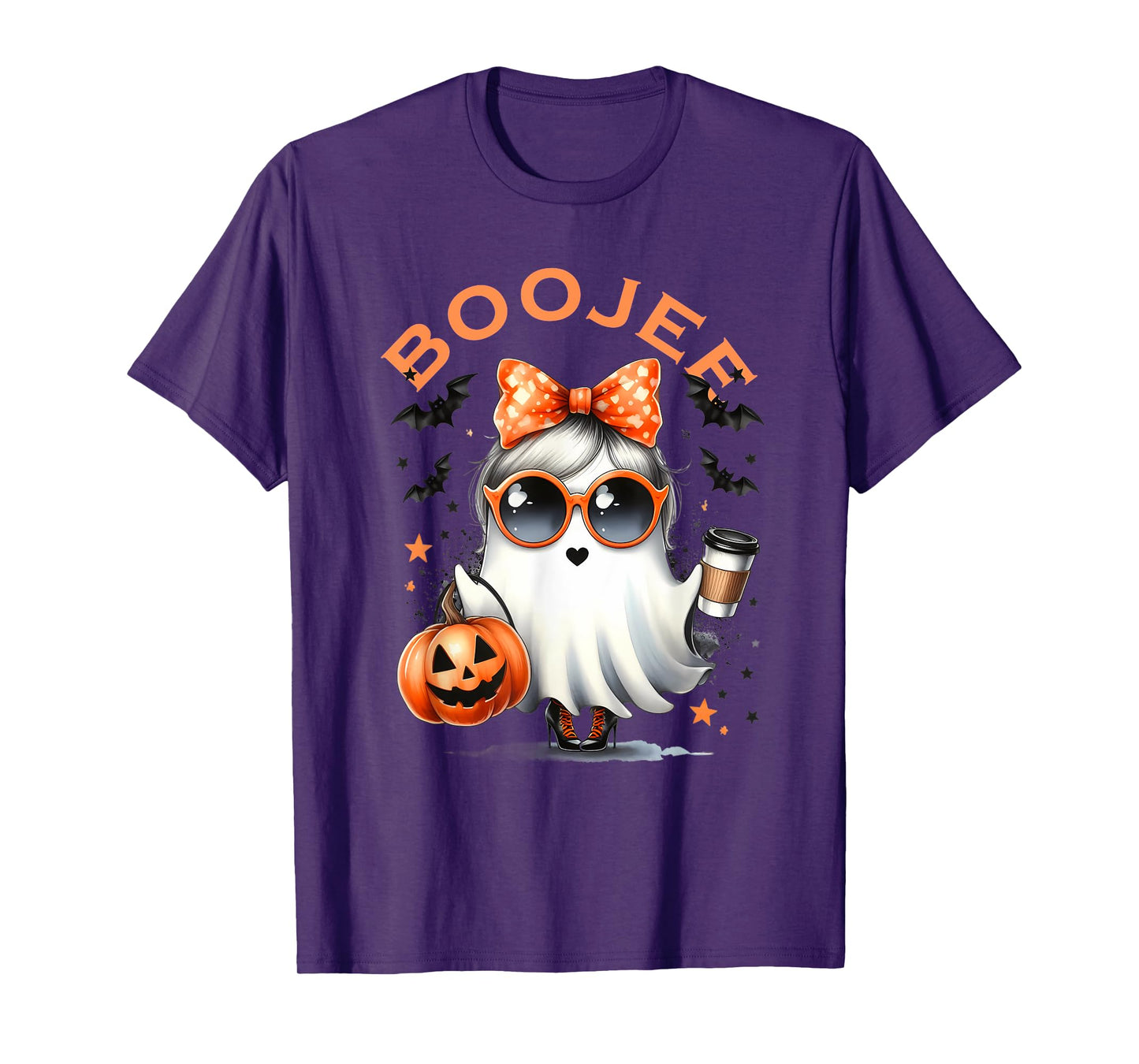 Boo Jee Ghost With Coffee Coquette Bow Halloween Women Girl T-Shirt