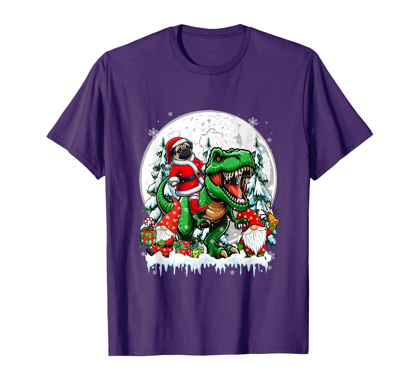 Santa Dog Riding T-Rex Gnomes Christmas Trees Family Kids T-Shirt