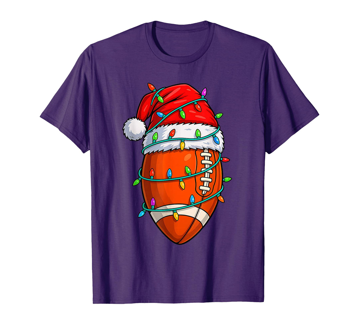 Christmas Football Santa Hat Lights Colorful Funny Player T-Shirt