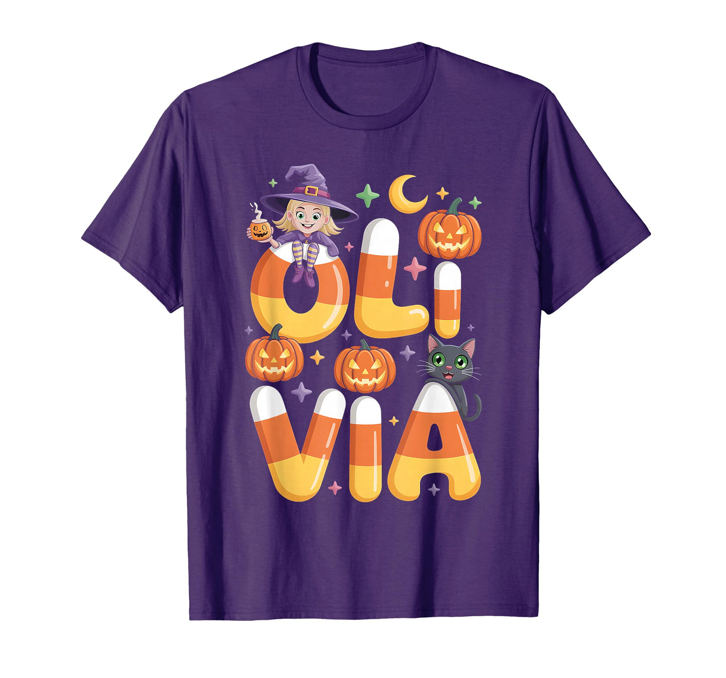 Olivia Witch Candy Corn Cat Halloween Women and Girls T-Shirt