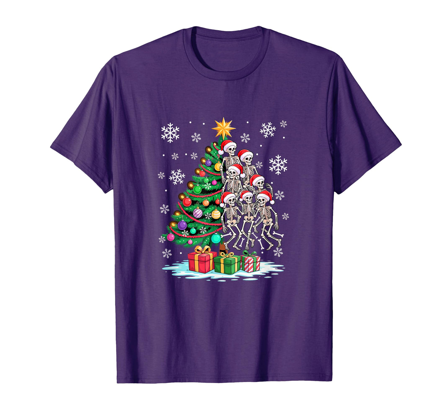 Decorating Colorful Xmas Tree Half Group Santa Skeletons T-Shirt