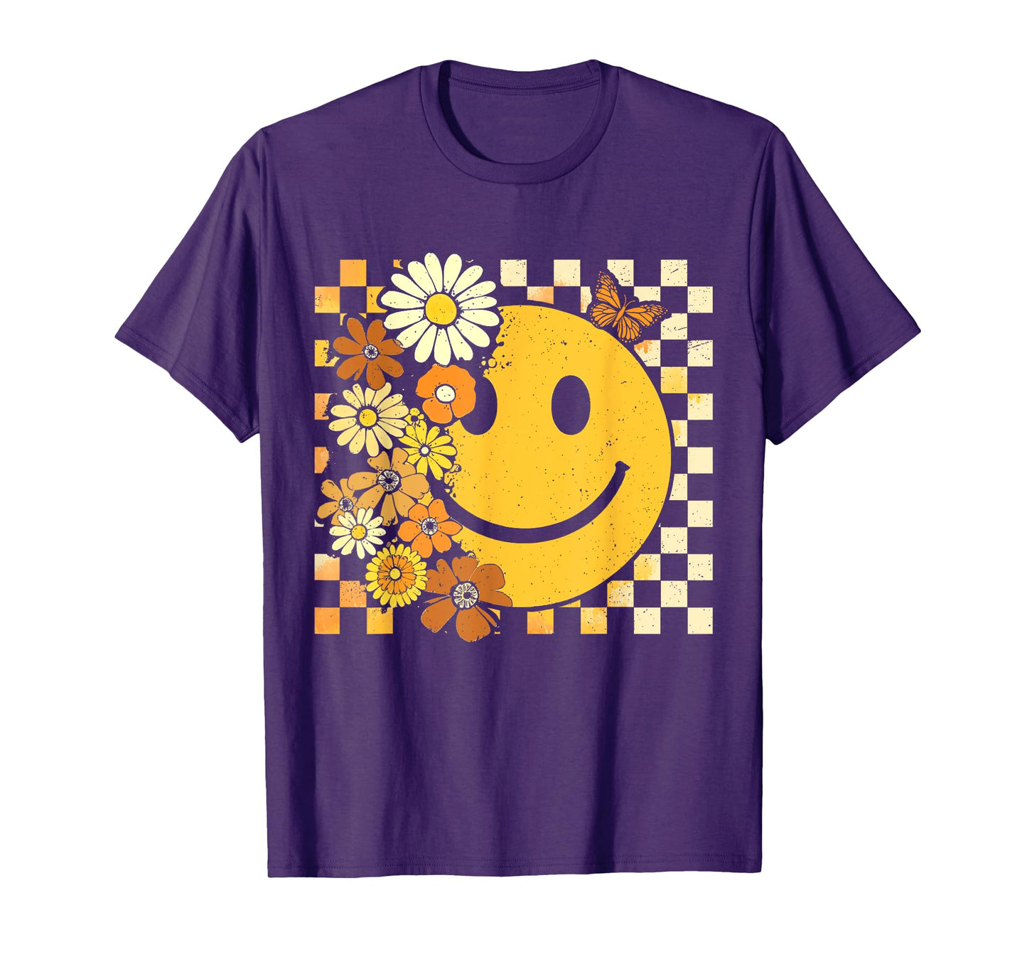 Boho Floral Checkered Smile Face Fall Vibes Thanksgiving T-Shirt