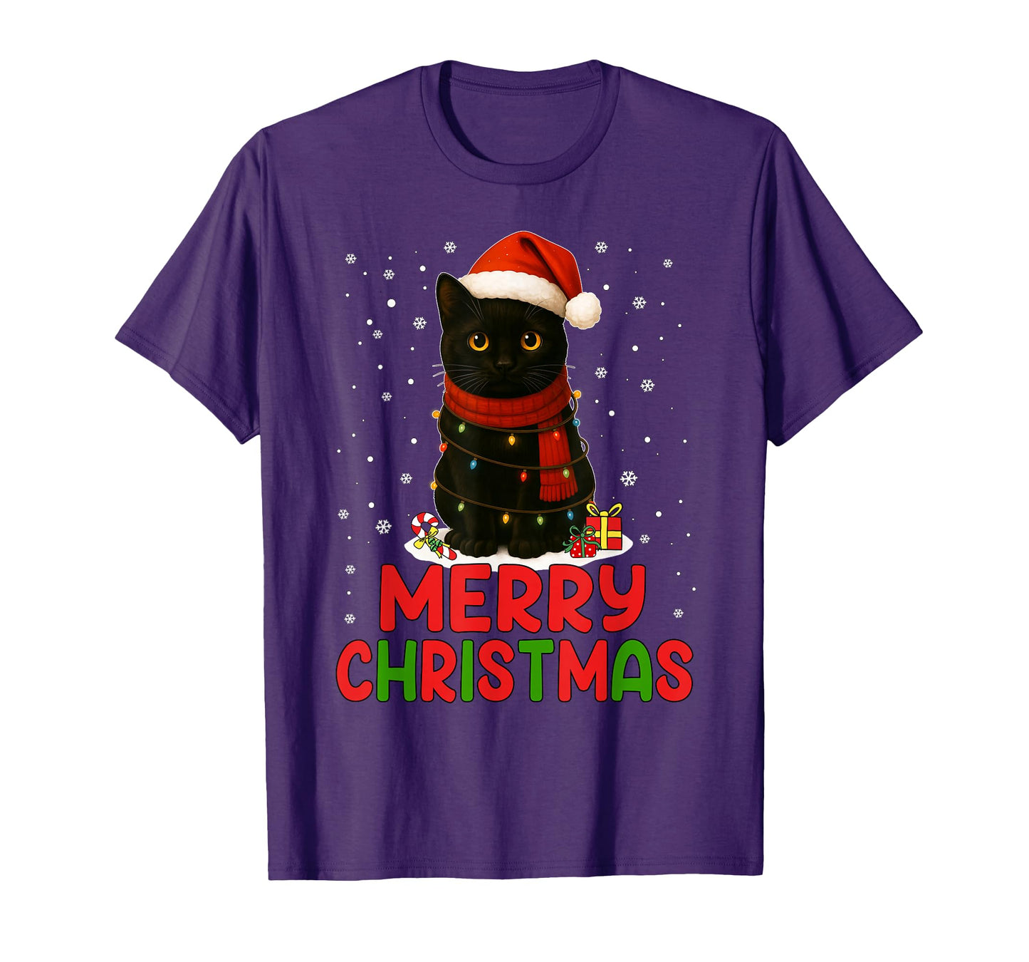 Merry Christmas Santa Hat Funny Black Cat Men Women Kids T-Shirt