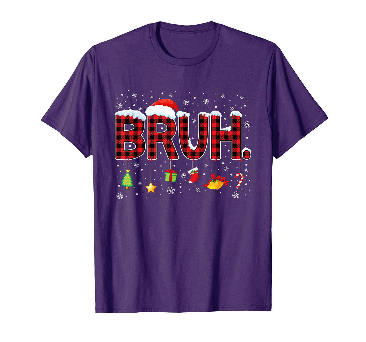 Bruh Funny Christmas Red Plaid Santa Hat Lights Xmas Pajamas T-Shirt
