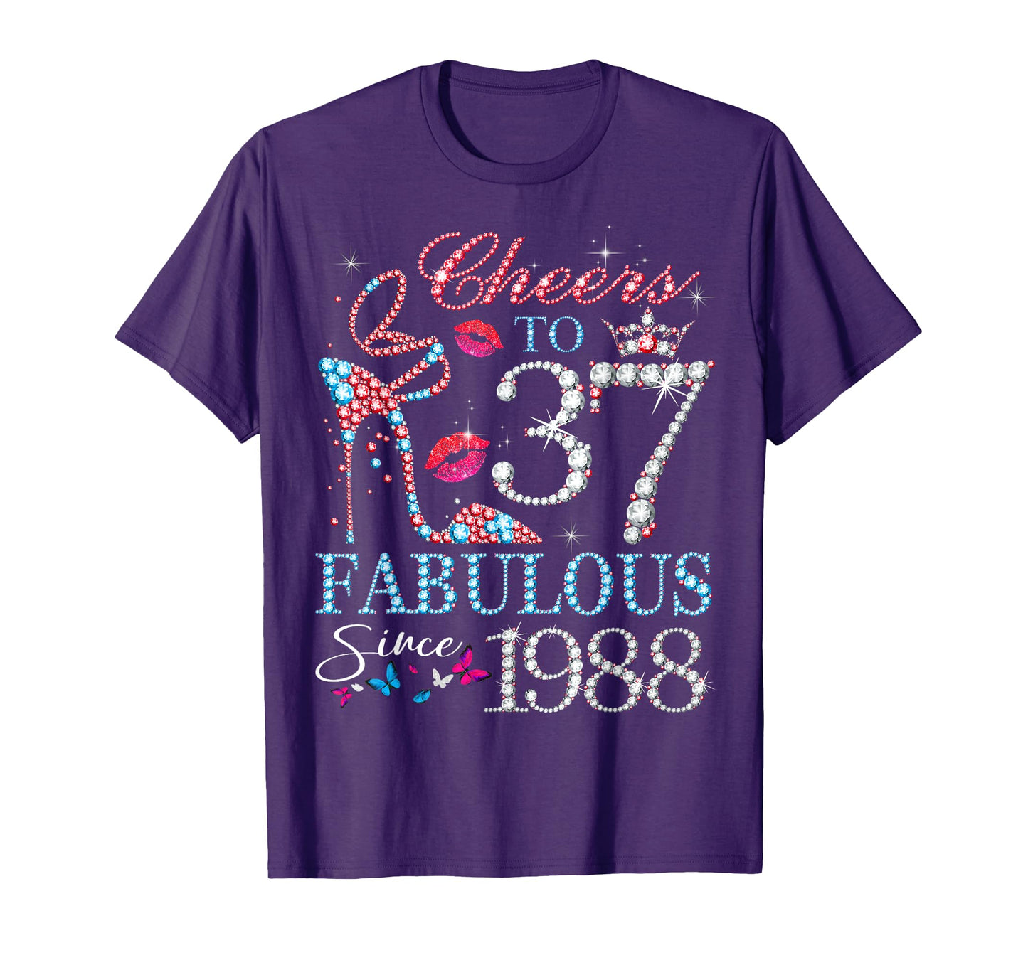 Womens Cheers to 37 Years Old EST 1988 37th Birthday Queen T-Shirt