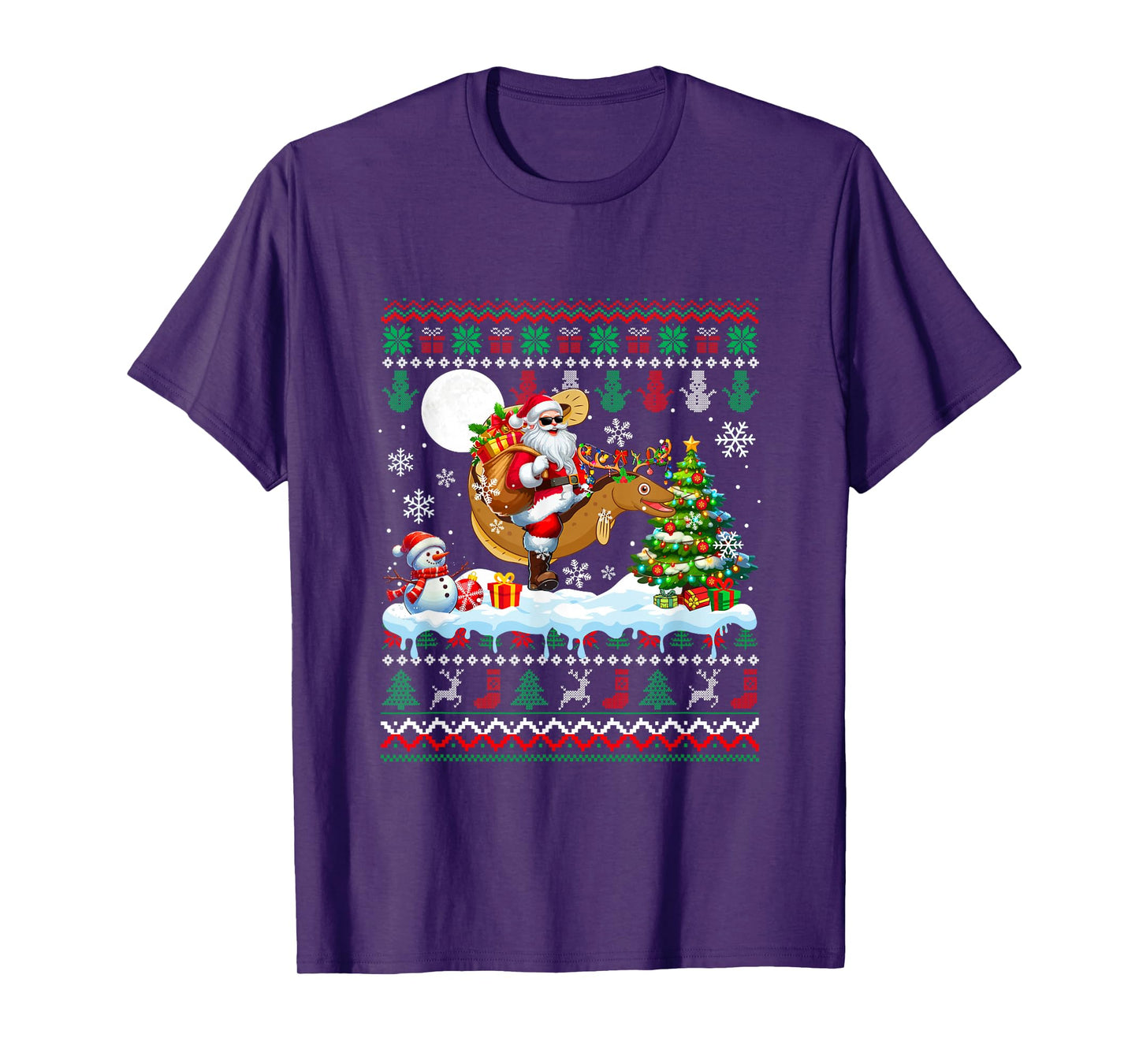 Santa Riding Reindeer EEL Sweater Xmas Tree Snowman T-Shirt