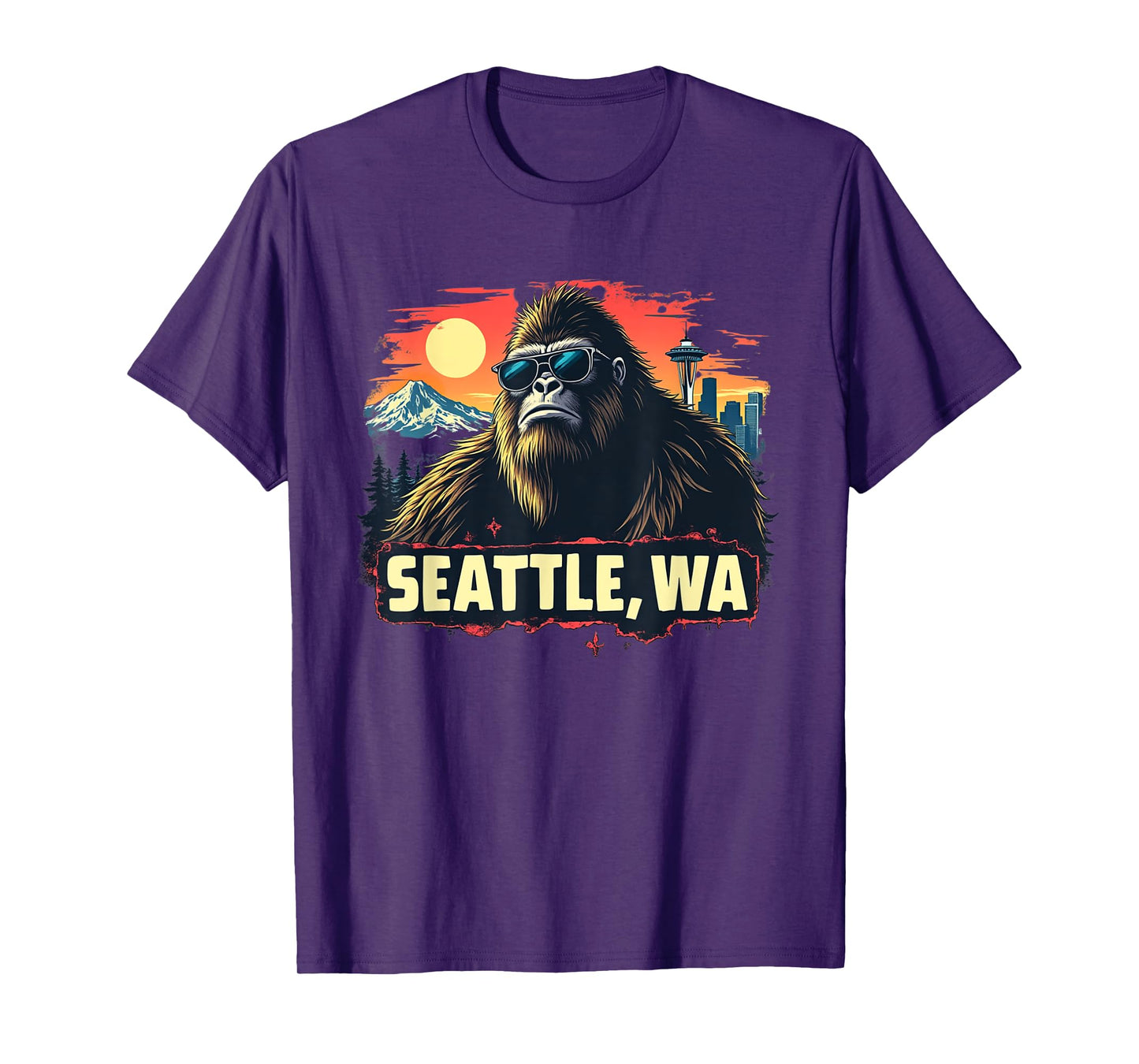 Seattle Cool Bigfoot with Downtown and Mountains T-Shirt