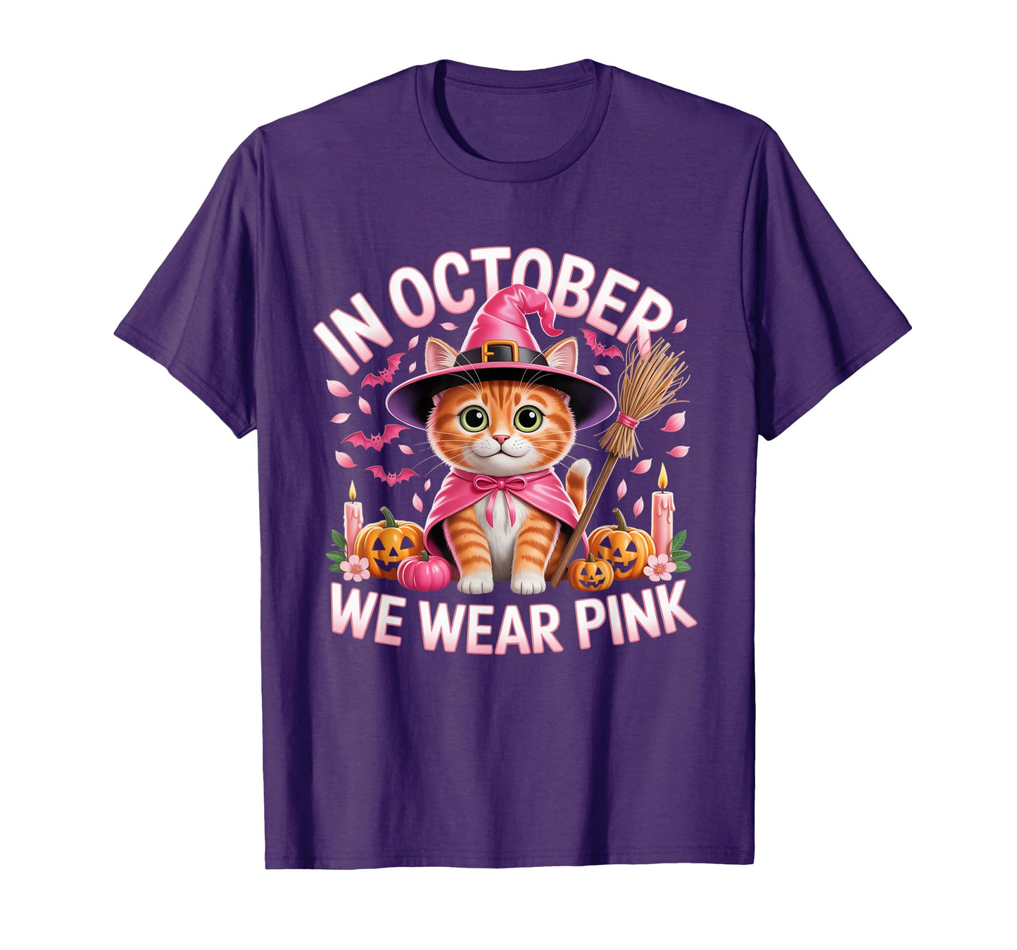 in October We Wear Pink Cat Witch Breast Cancer Awareness T-Shirt