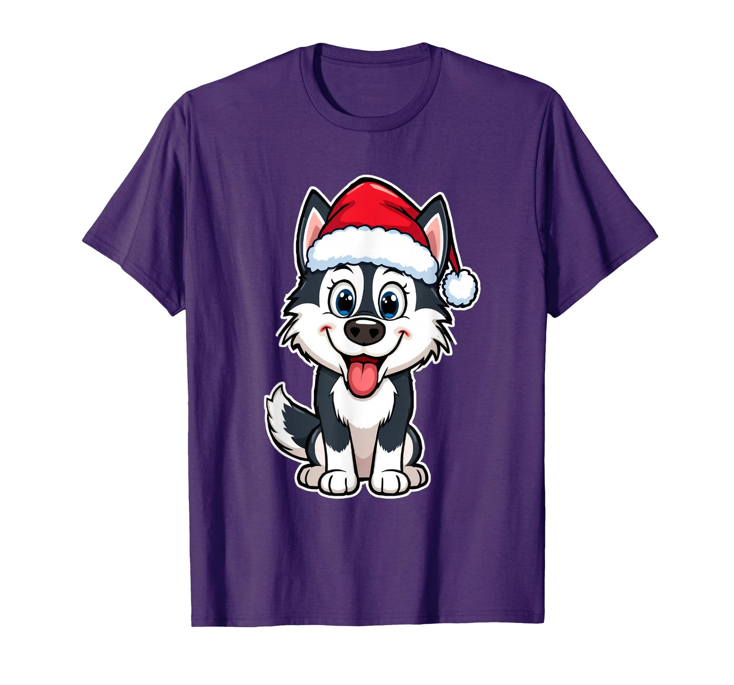 Christmas Cartoon Husky with Santa Hat Design T-Shirt
