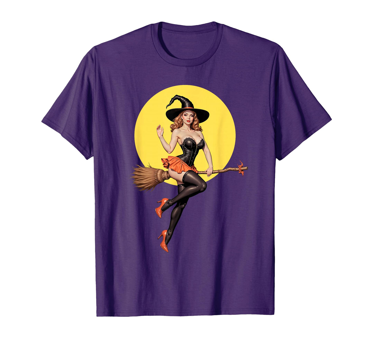 Sexy Halloween Witch Pin-Up Girl Riding A Broomstick T-Shirt