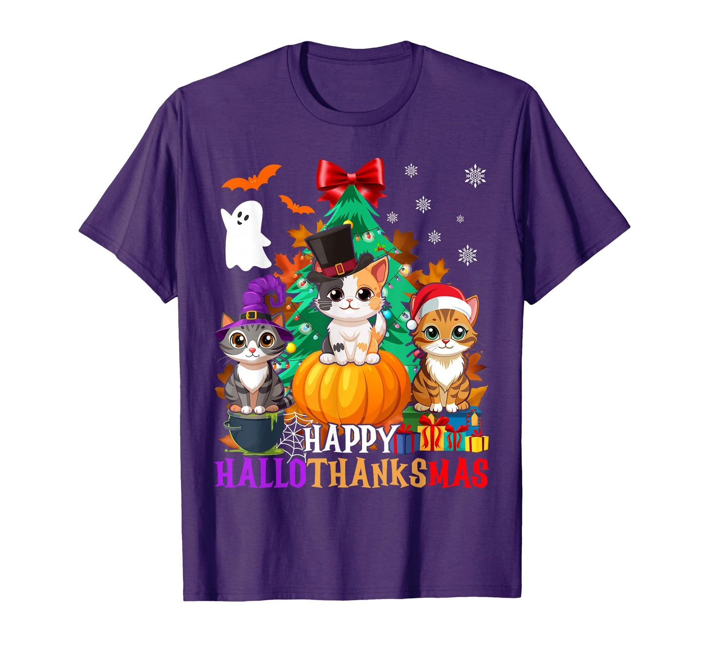 Happy Hallothanksmas Cats Halloween Thanksgiving Christmas T-Shirt