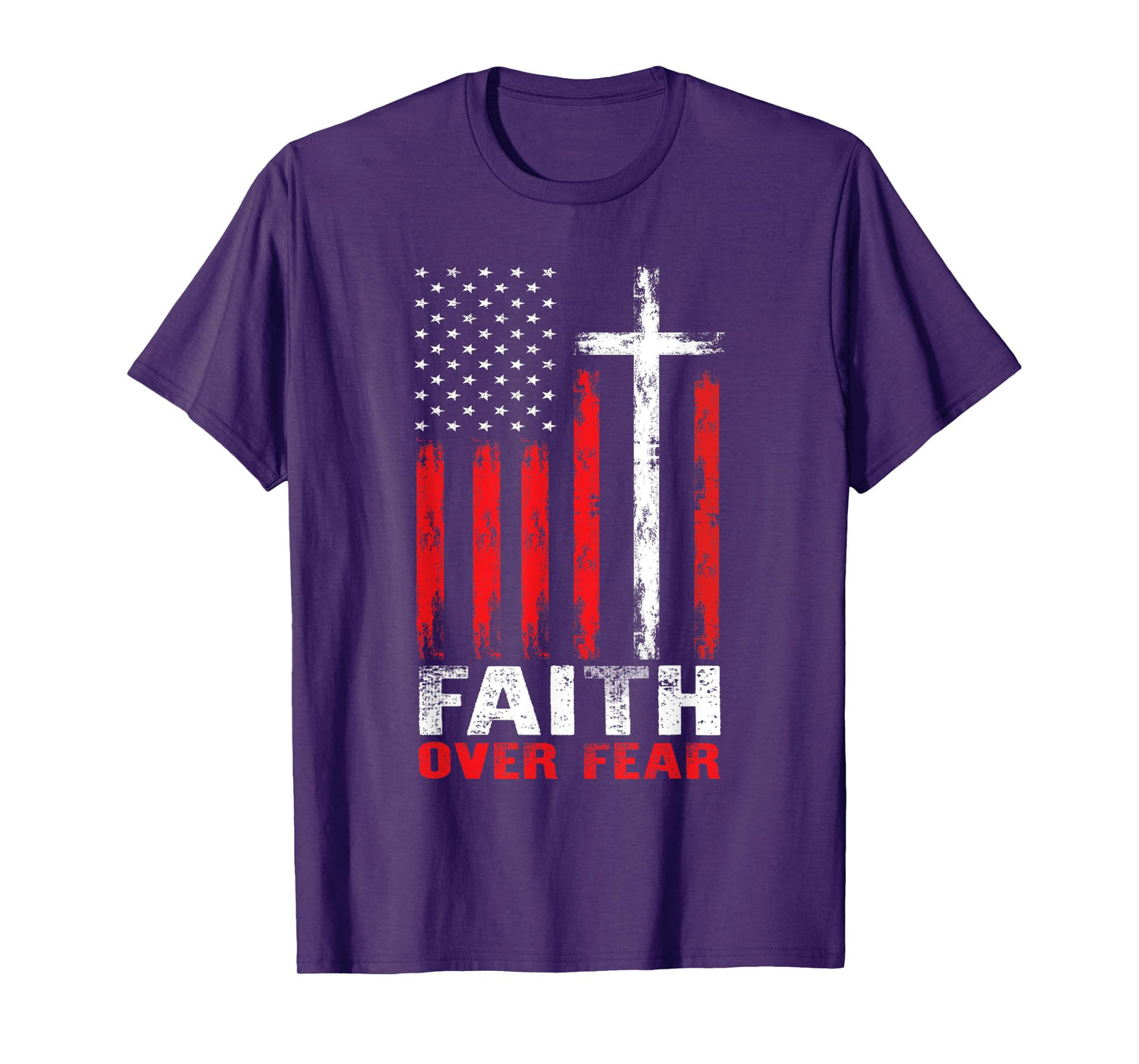 Faith Over Fear Christian Cross American Flag Distress T-Shirt
