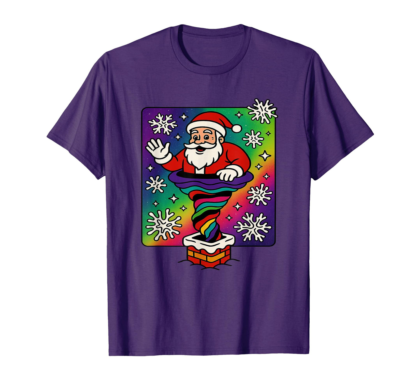 Funky Santa Rainbow Swirling in Chimney Artwork T-Shirt