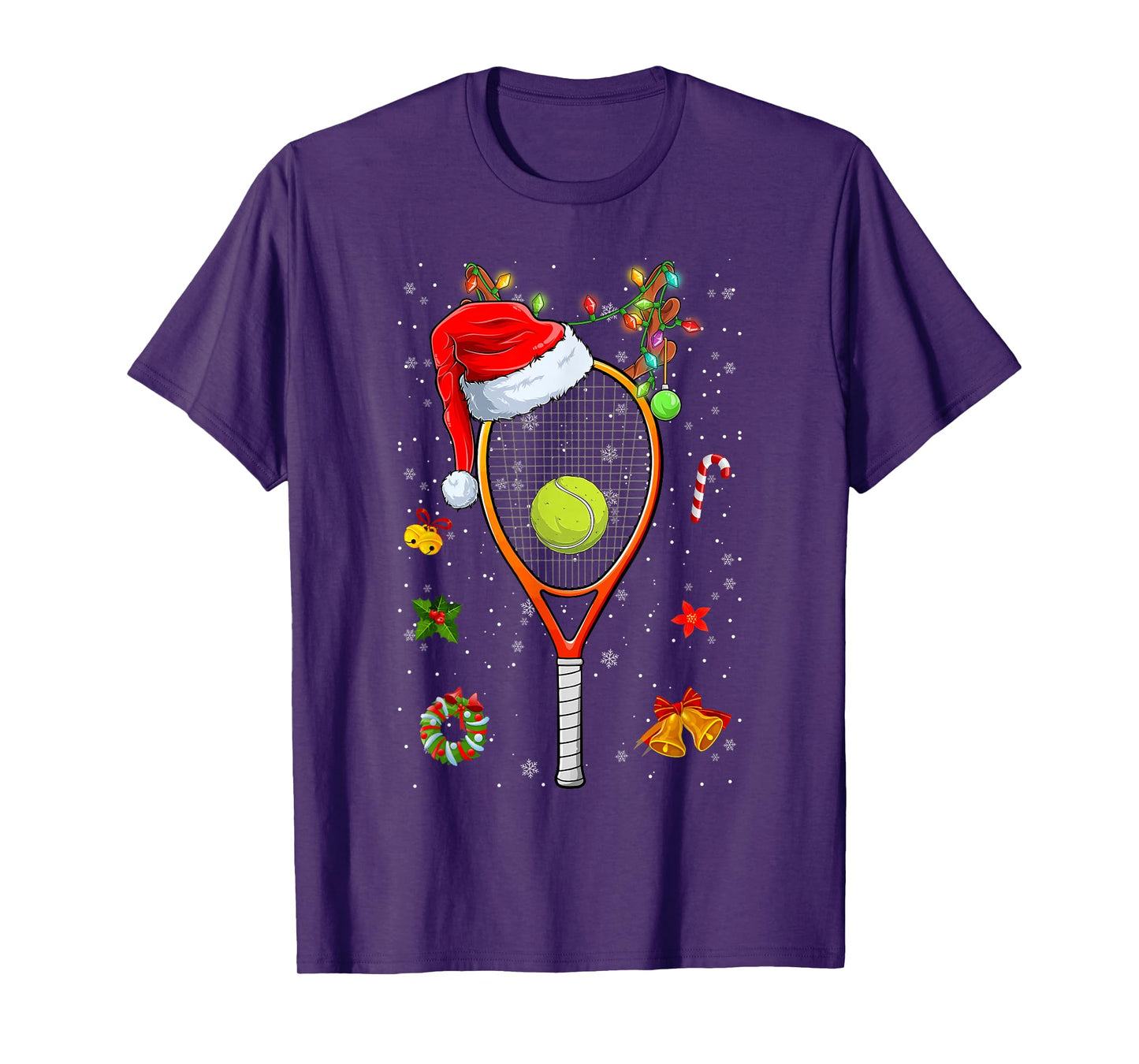 Funny Tennis Racket Reindeer Santa Hat Christmas Lights Xmas T-Shirt
