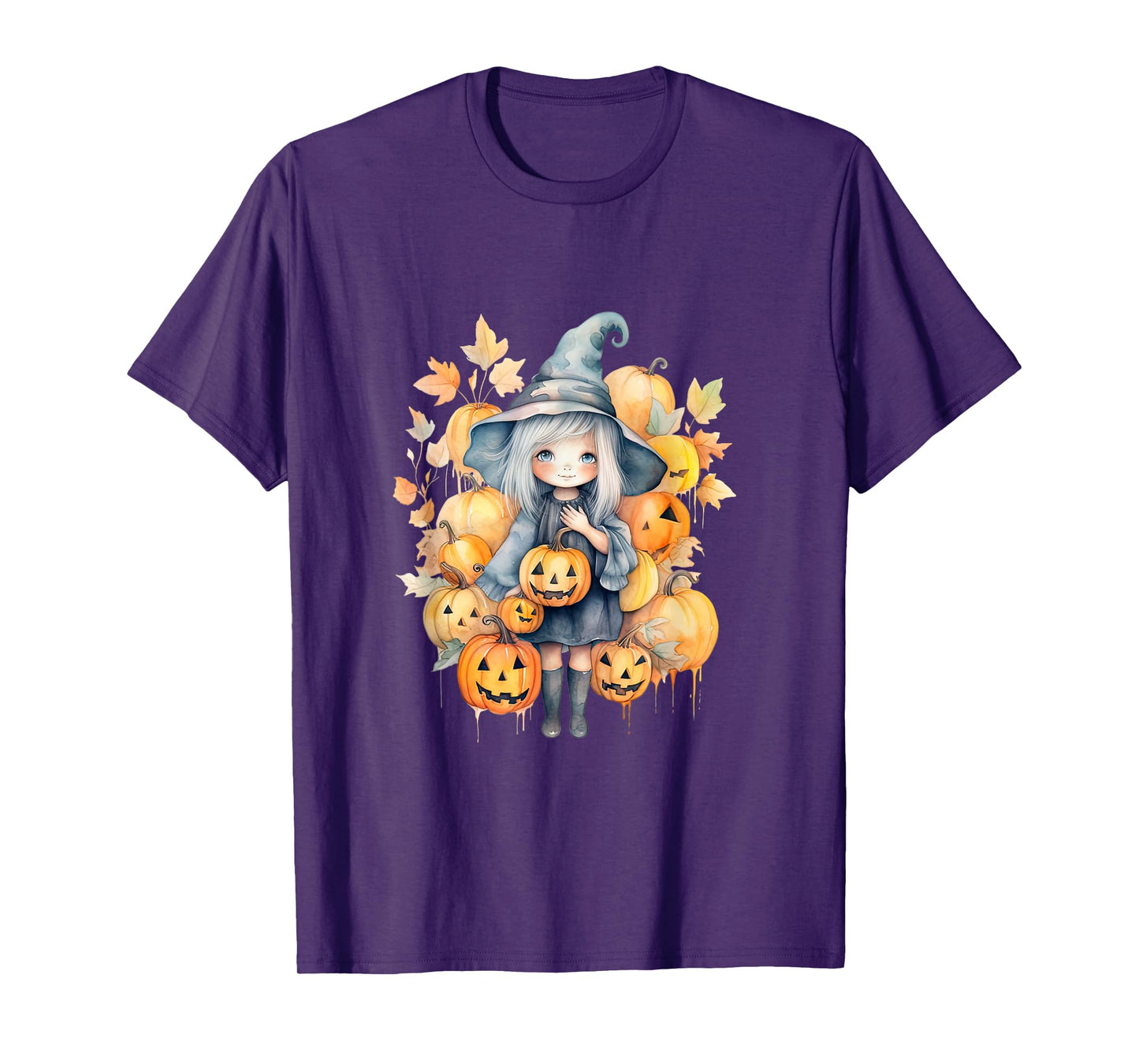 Watercolor Cute Halloween Pumpkin Girl Fall Autumn Leafs T-Shirt