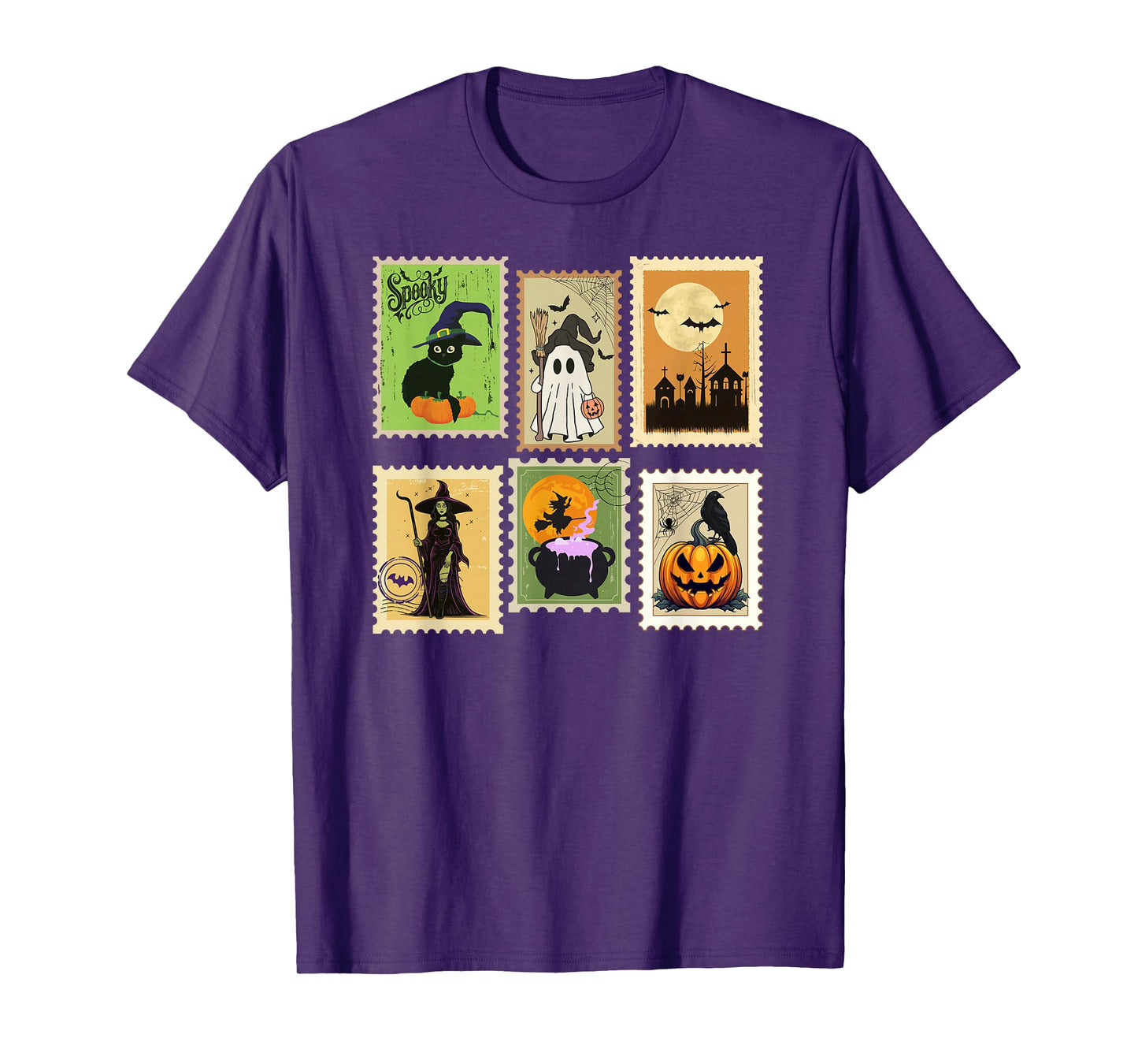 Retro Ghost Autumn Pumpkin Cat Witch Vintage Halloween Stamp T-Shirt