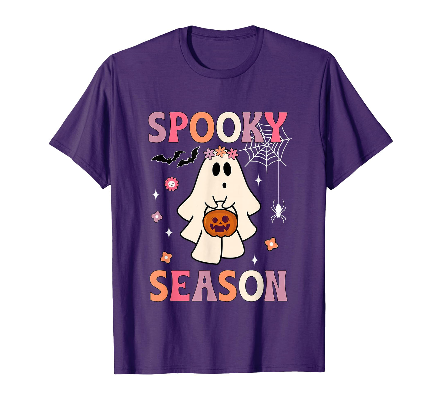 Groovy Halloween Ghost Holding Pumpkin Spooky Season Women T-Shirt