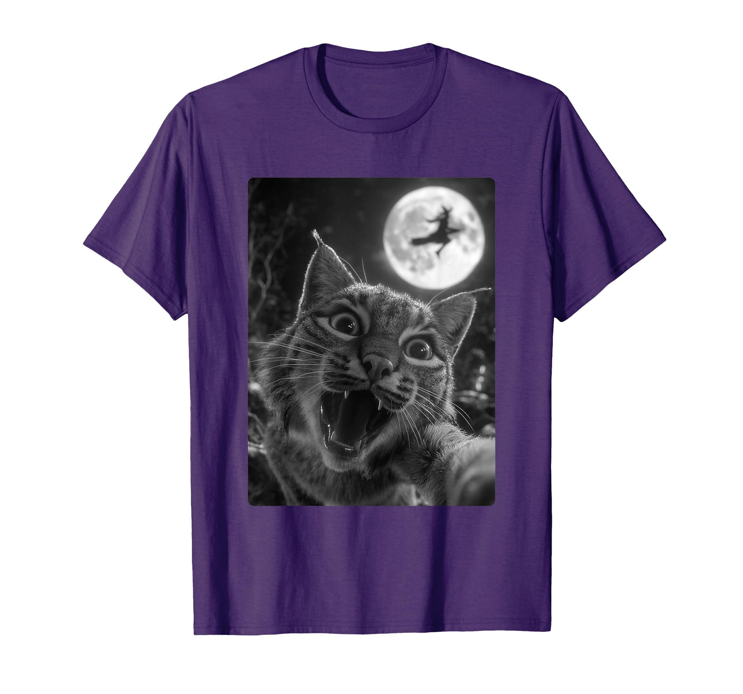 Funny Bobcat Selfie Full Moon Flying Witch Forest Halloween T-Shirt