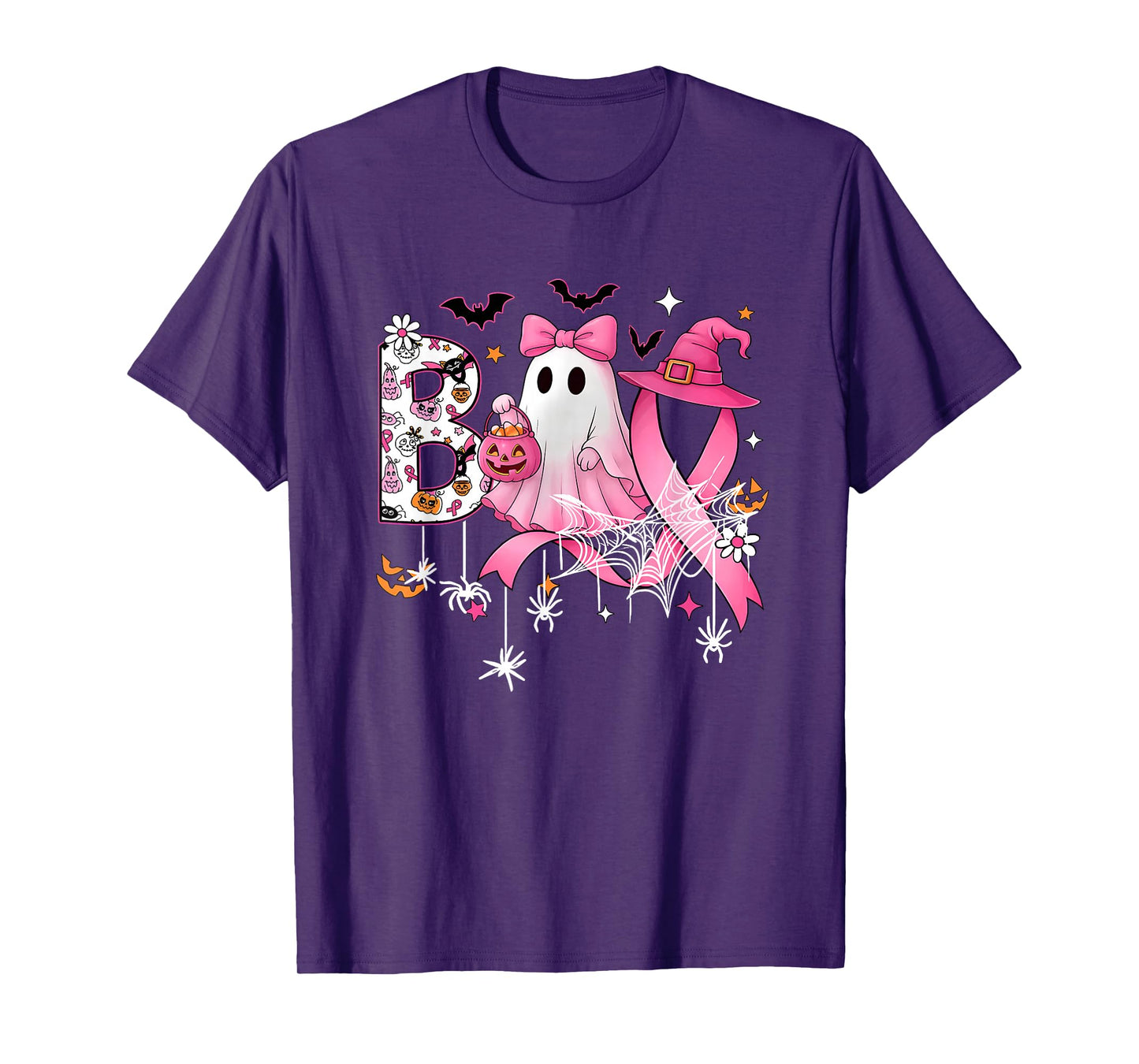 Boo Halloween Pumpkin Pink Ribbon Witch Breast Cancer Women T-Shirt